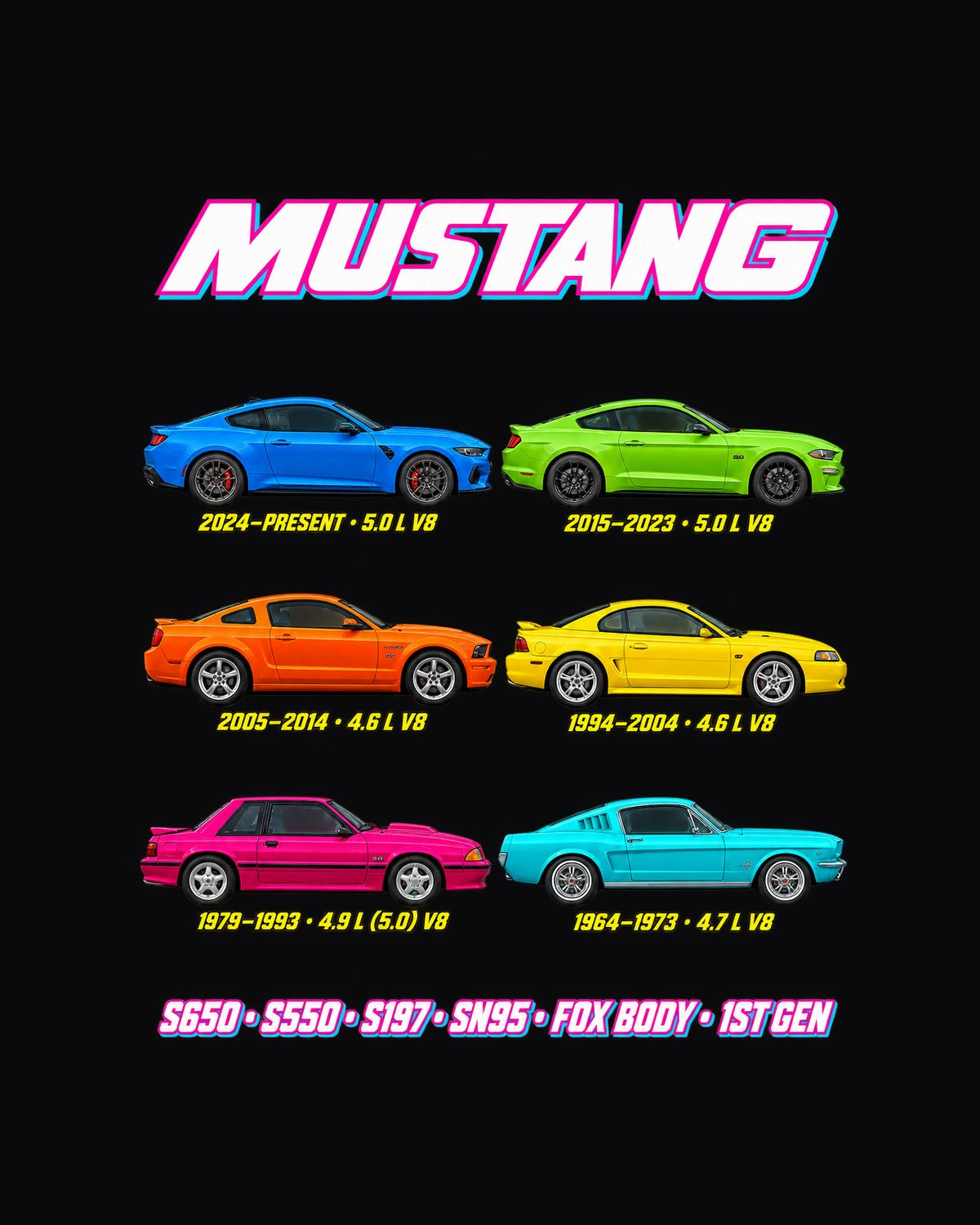 Ford Mustang Evolution Poster Full-Back Graphic Tee design only