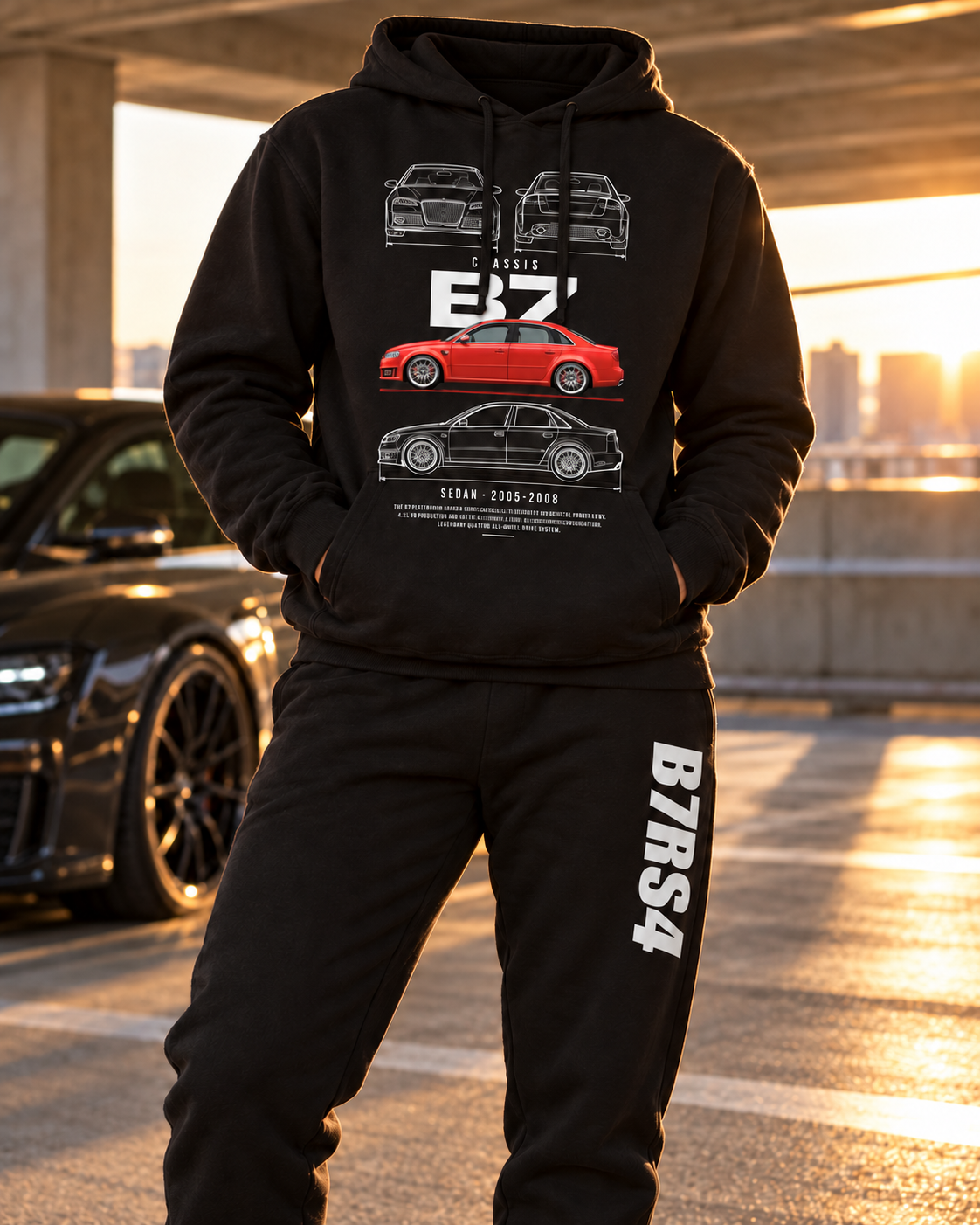 Audi B7 RS4 hoodie jogger set black male faceless night car meet hero