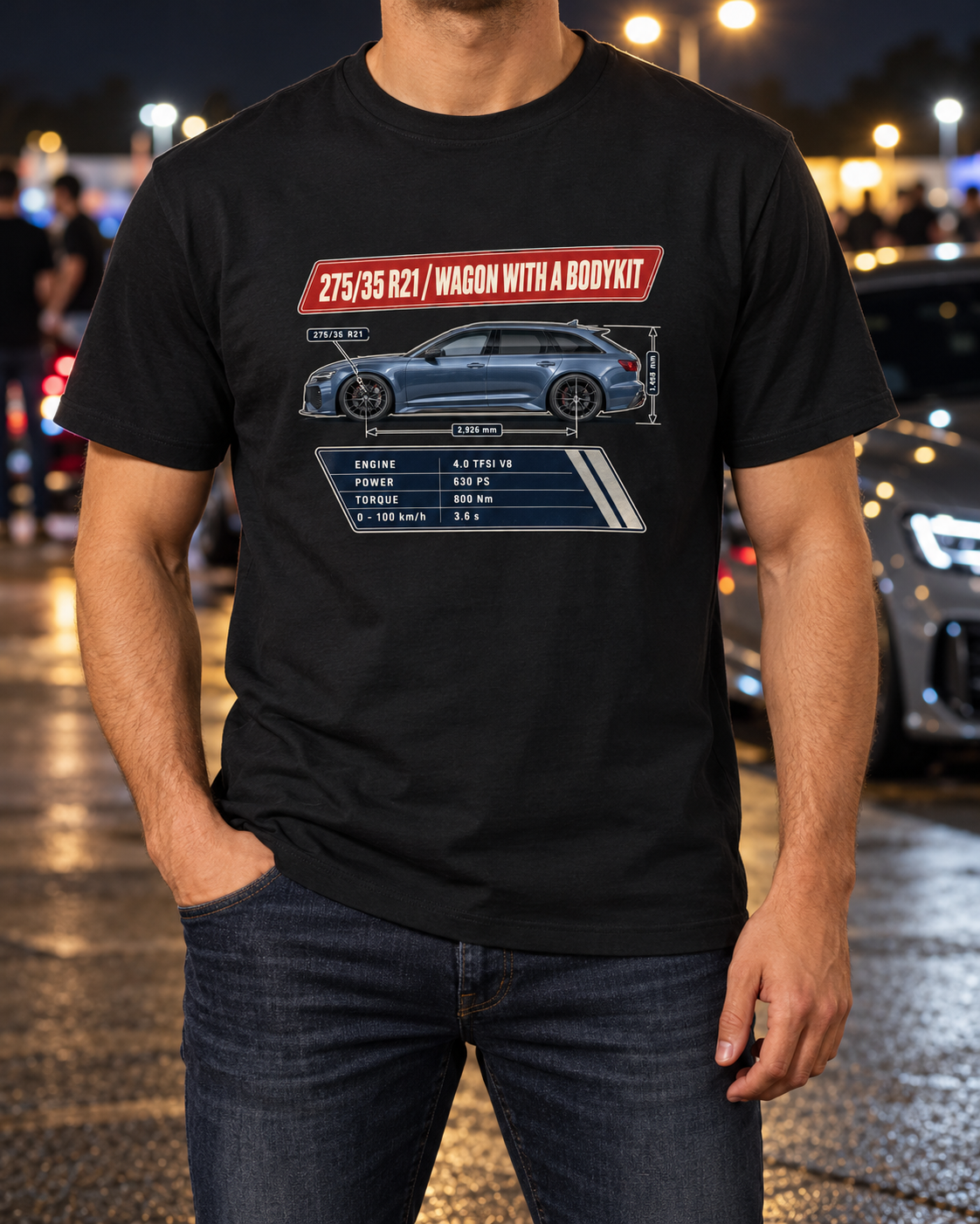 Audi RS6 Avant C8 Spec Poster Shirt, 275/35 R21 Wagon Tee T-Shirt Black worn hero