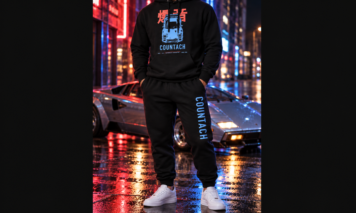 COUNTACH black hoodie jogger set male faceless nighttime car meet worn hero