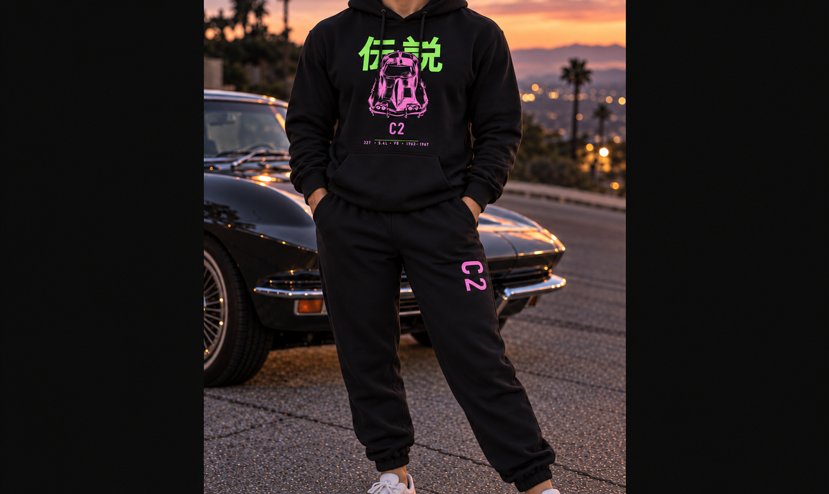C2 Chassis Code Hoodie + Jogger Set black worn hero, male faceless car meet