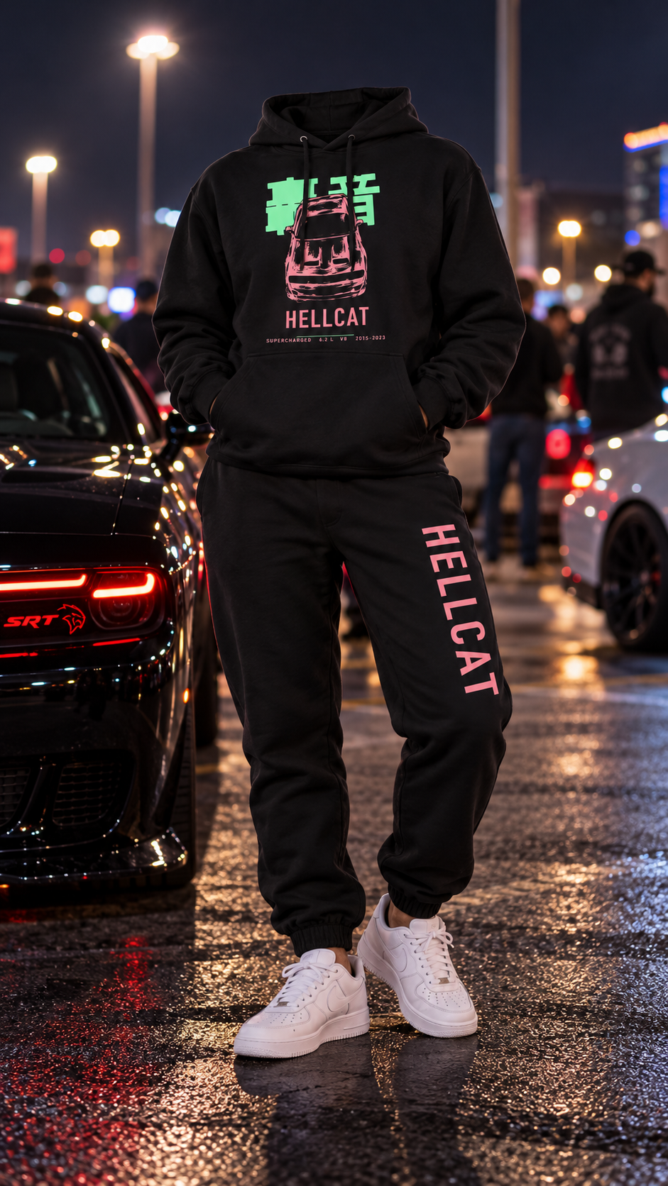 HELLCAT hoodie jogger set male faceless nighttime car meet worn hero