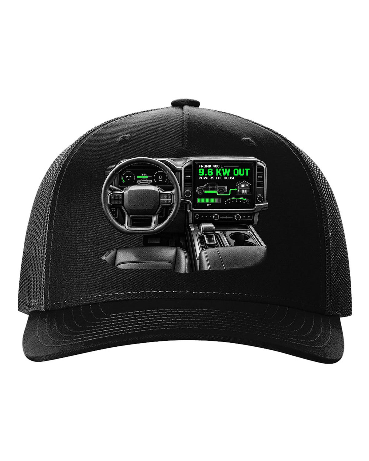 Ford F-150 Lightning 2022 interior centre screen crop with frunk readout black hat front view with the design