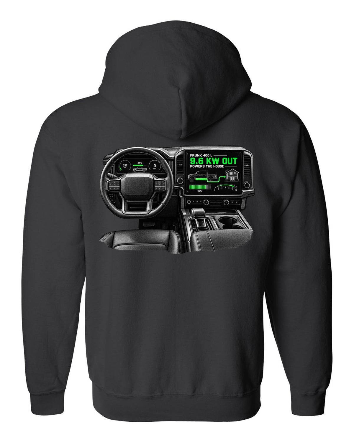 Ford F-150 Lightning 2022 interior centre screen crop with frunk readout black zip hoodie back view with the design