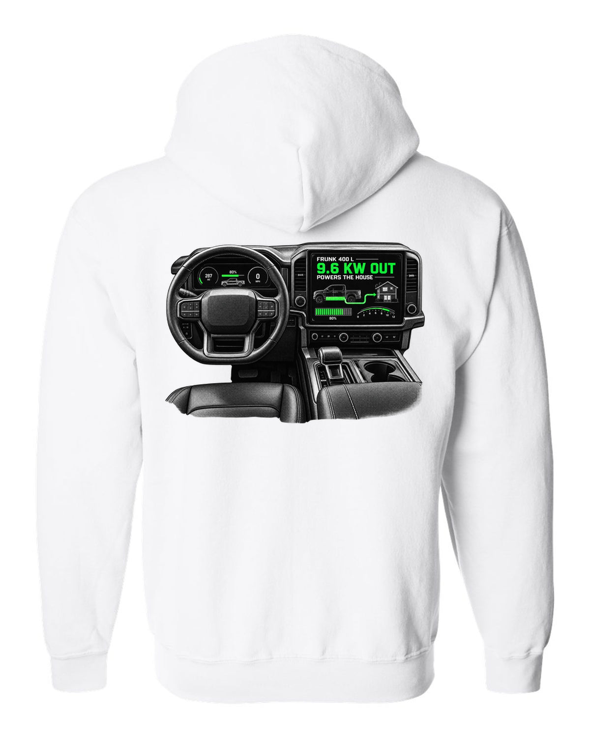 Ford F-150 Lightning 2022 interior centre screen crop with frunk readout white zip hoodie back view with the design