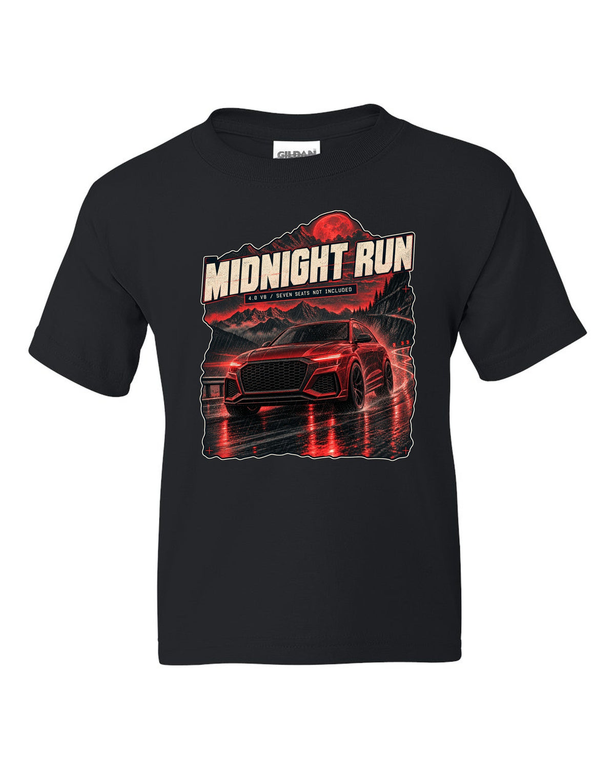 Audi RS Q8 night street scene print with midnight run text black kids tee front view with the design
