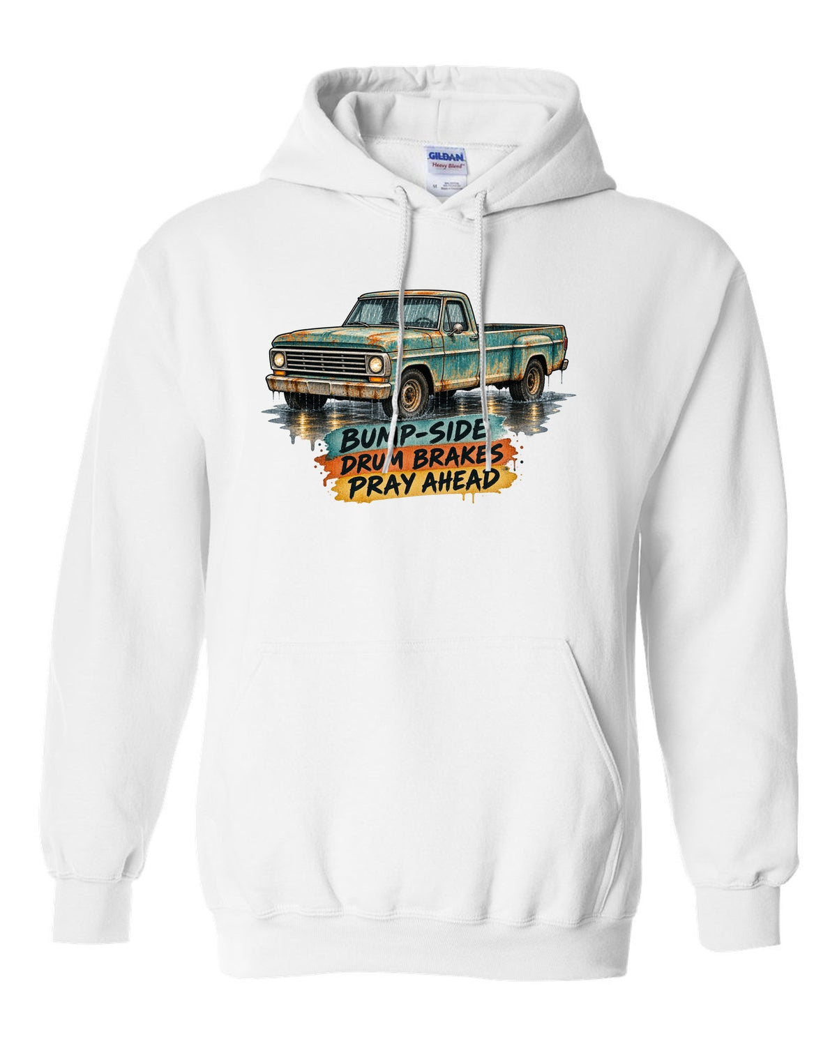 1967-72 Ford F-Series Bump-Side Barn Find Watercolour white pull over hoodie front view with the design