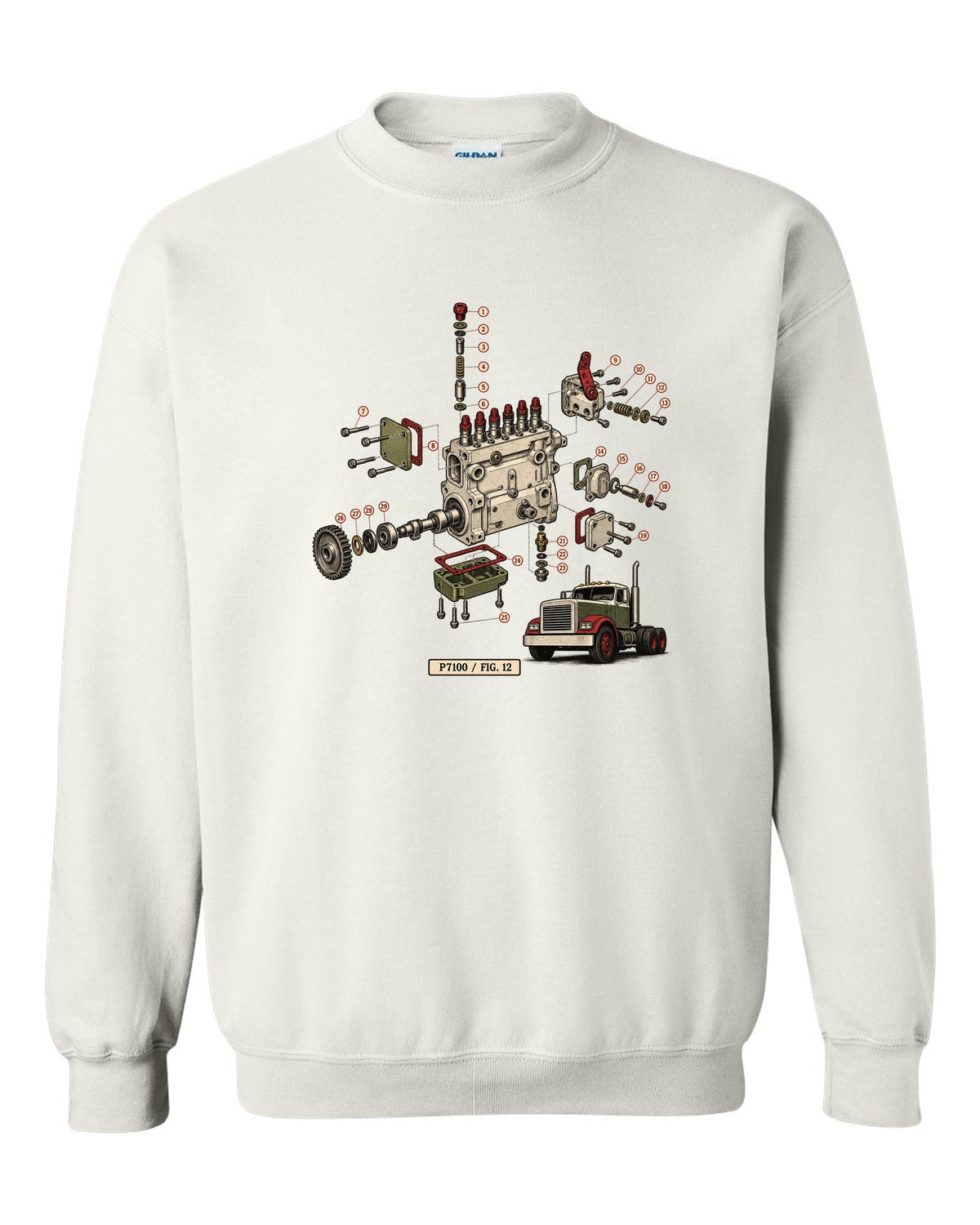 Vintage service-manual exploded diagram print of a Bosch P7100 injection pump from a 1994-1998 Ram 12V white crewneck front view with the design