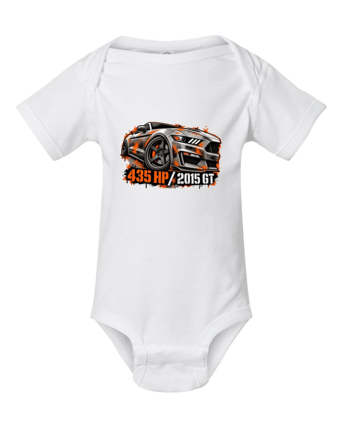 Stencil spray street art 2015 S550 Ford Mustang GT fastback with 435 HP text white baby onesie front view with the design