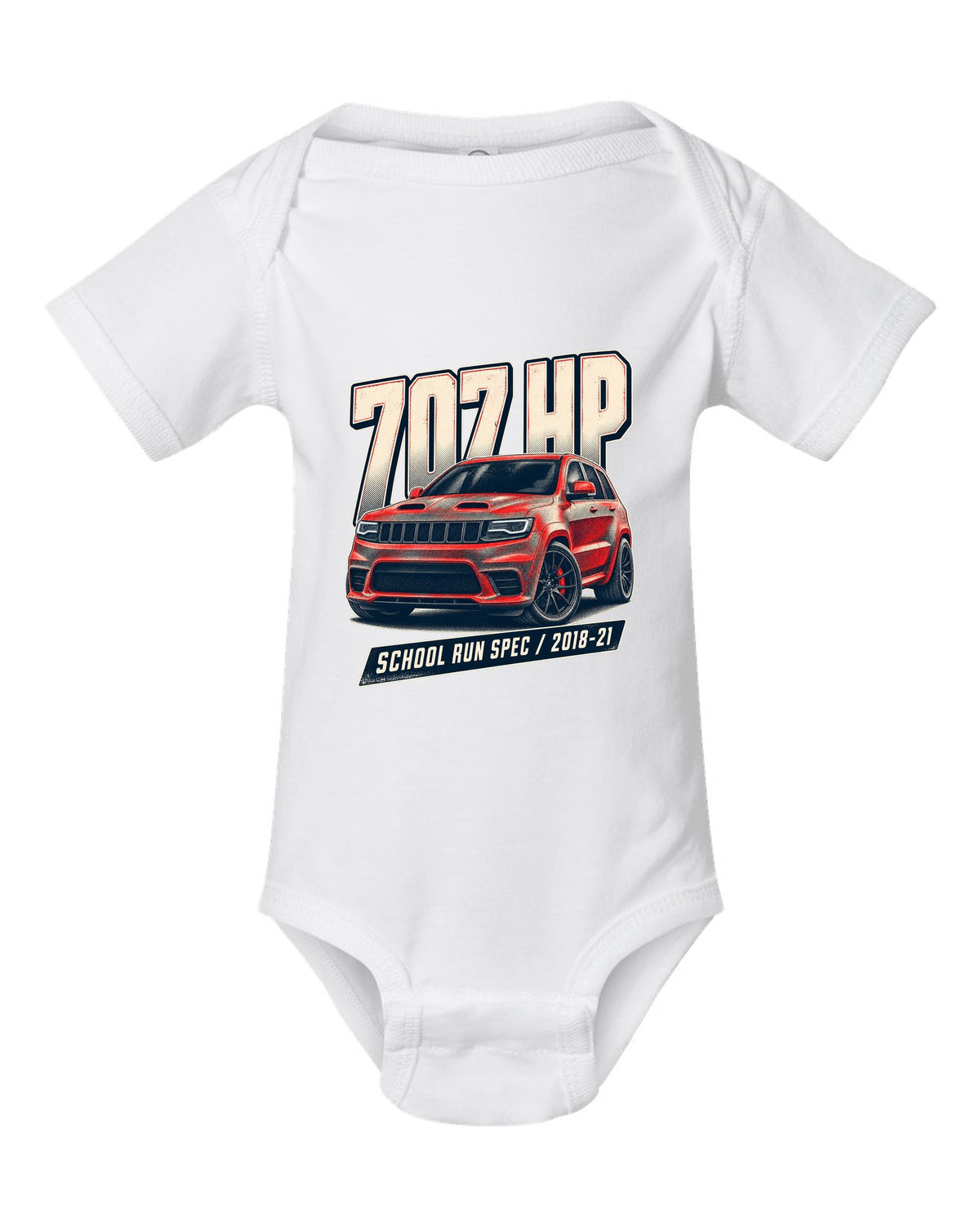 Halftone print of the Jeep Grand Cherokee Trackhawk WK2 with 707 HP lettering white baby onesie front view with the design