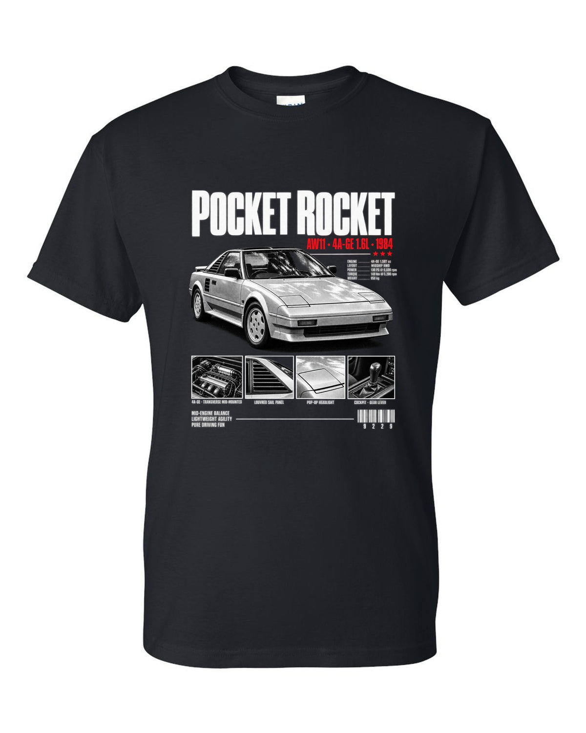 Dossier panel print of a Toyota MR2 AW11 with Pocket Rocket and 4A-GE text black t-shirt front view with the design