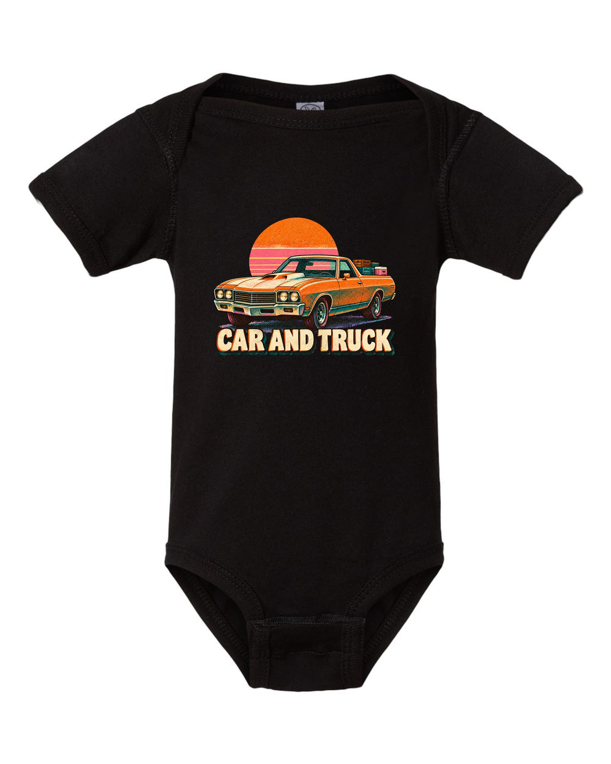 1970 Chevrolet El Camino SS 454 risograph spot-colour print reading Car and Truck black baby onesie front view with the design