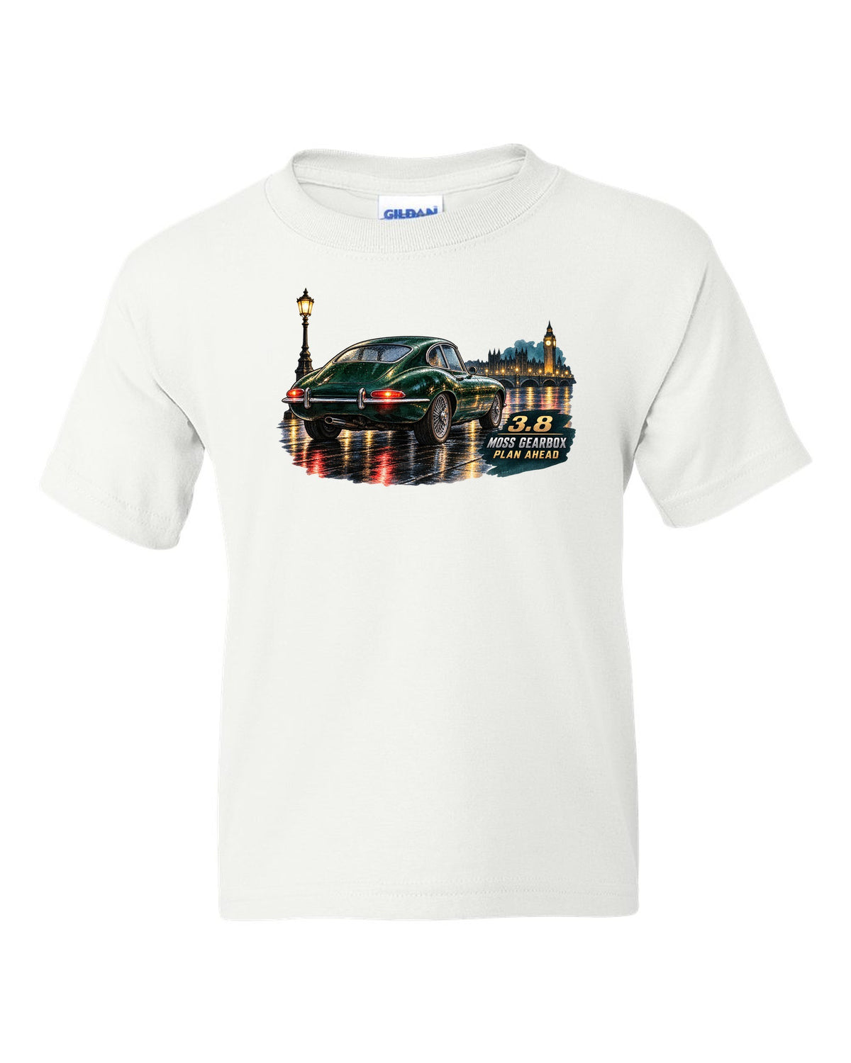 Watercolour print of 1964 Jaguar E-Type Series 1 taillights on a wet night road white kids tee front view with the design