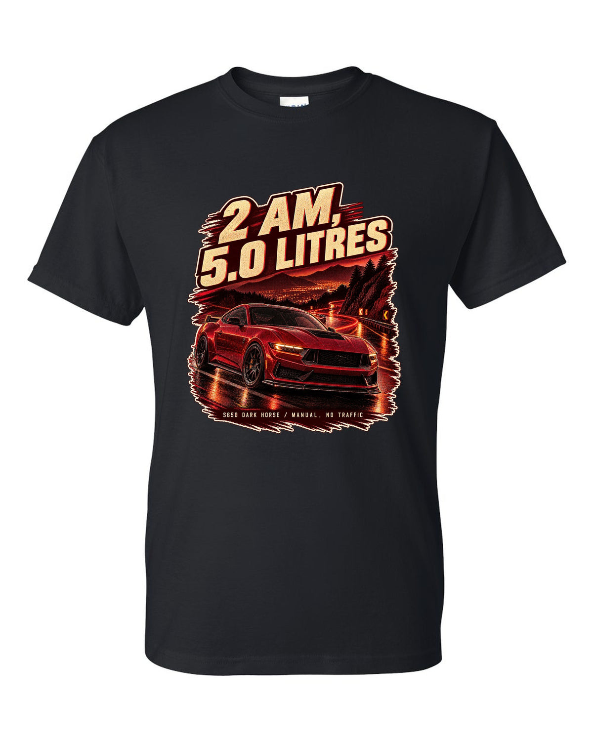 Ford Mustang S650 Dark Horse on an empty night street print black t-shirt front view with the design