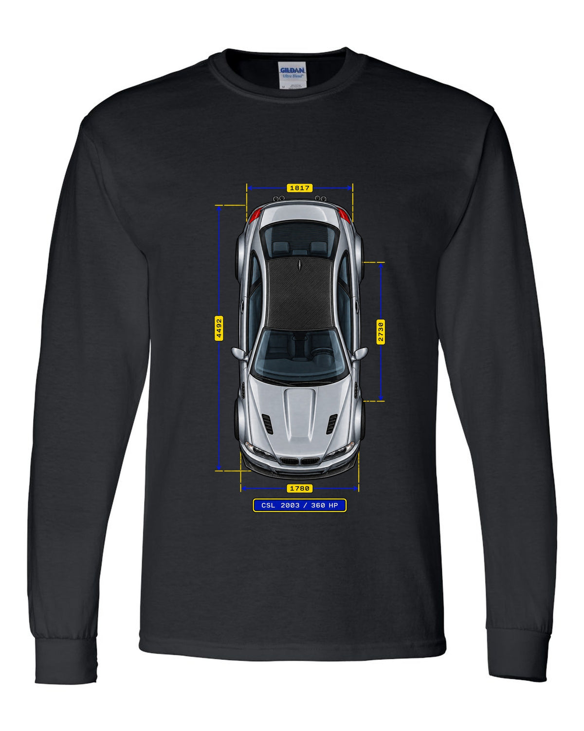 Spec-sheet data plate schematic of a BMW E46 M3 CSL 2003 with carbon roof and 360 HP black long sleeve front view with the design