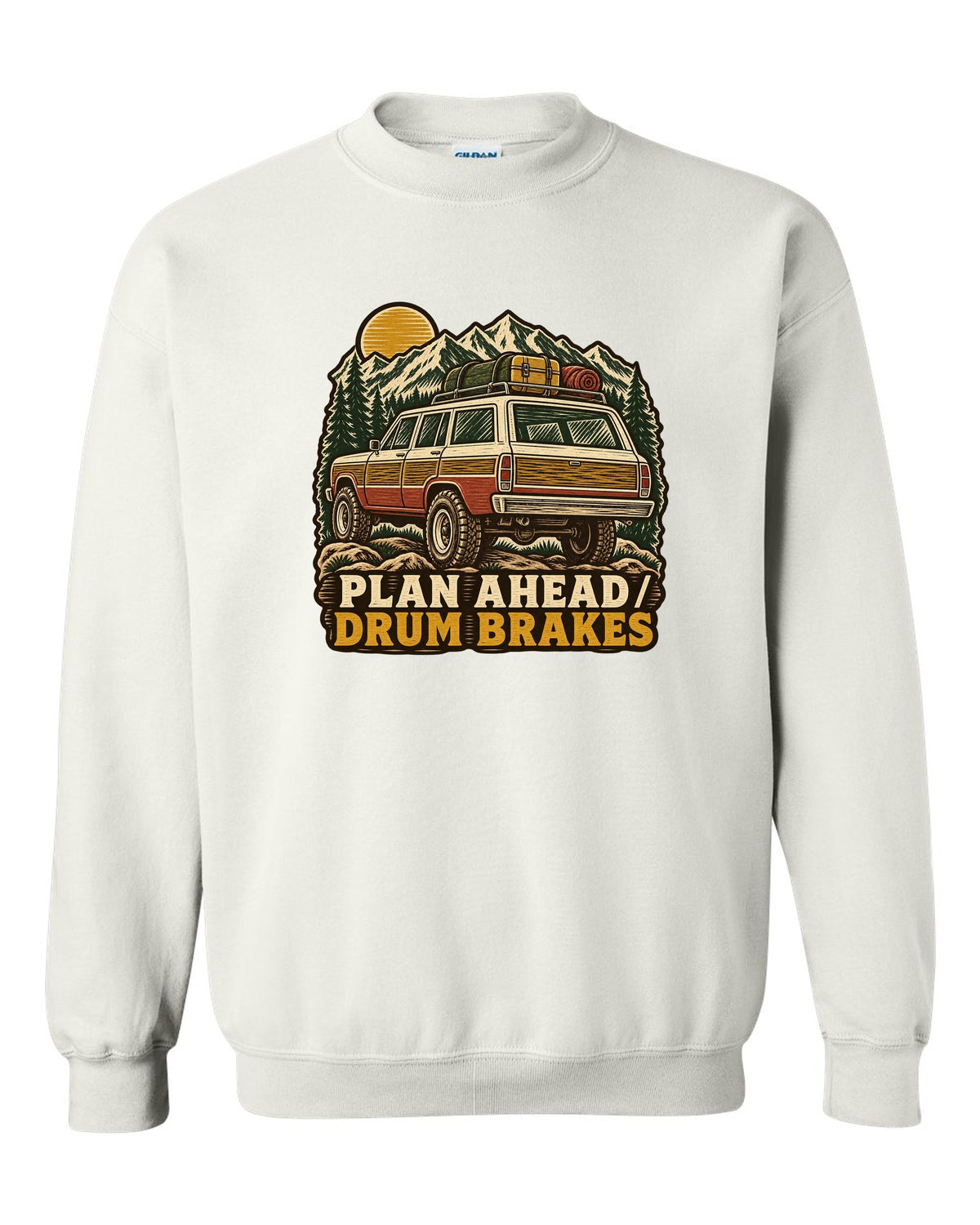 Linocut woodcut of a Toyota Land Cruiser FJ55 with Plan Ahead Drum Brakes lettering white crewneck front view with the design