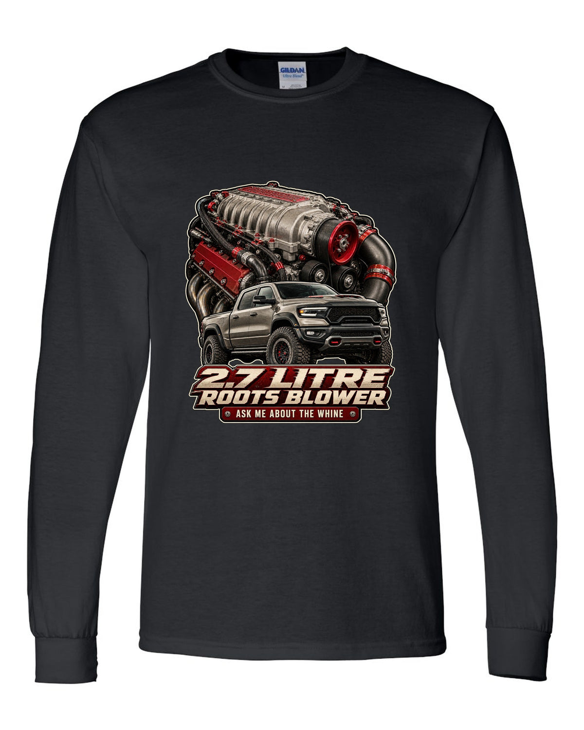 Ram 1500 TRX 2.7 litre Roots supercharger engine poster print black long sleeve front view with the design