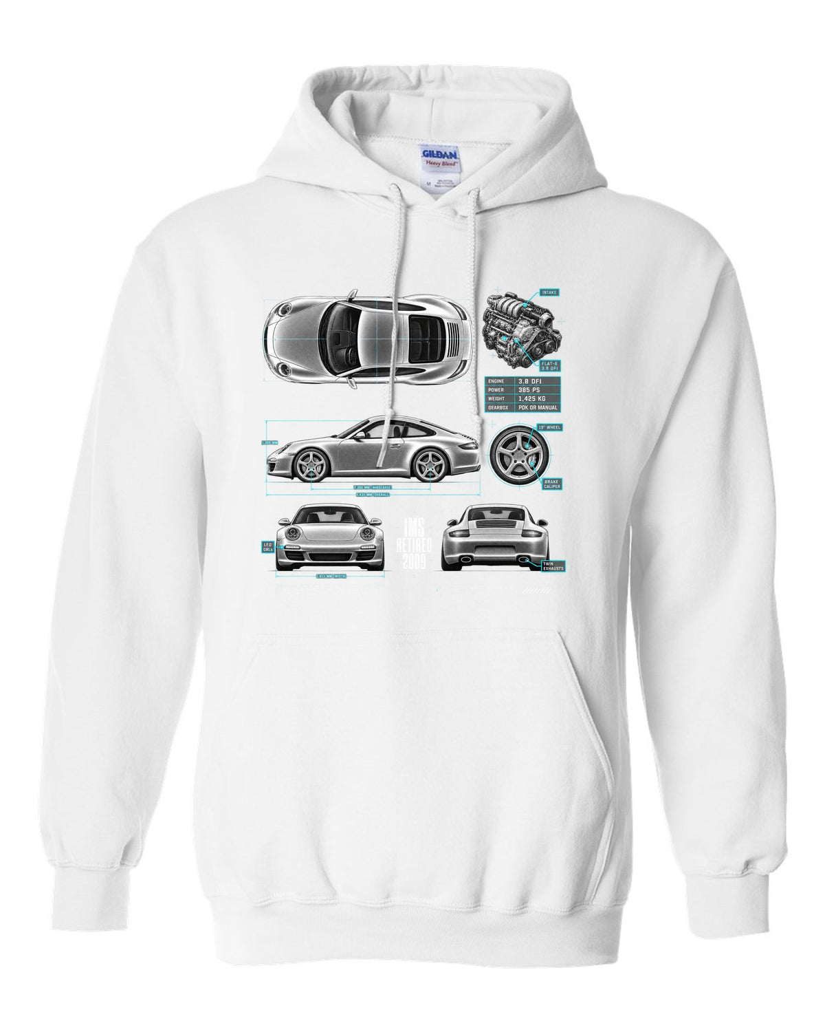 Spec poster print of a Porsche 911 Carrera S (997.2) with the headline IMS Retired 2009 white pull over hoodie front view with the design