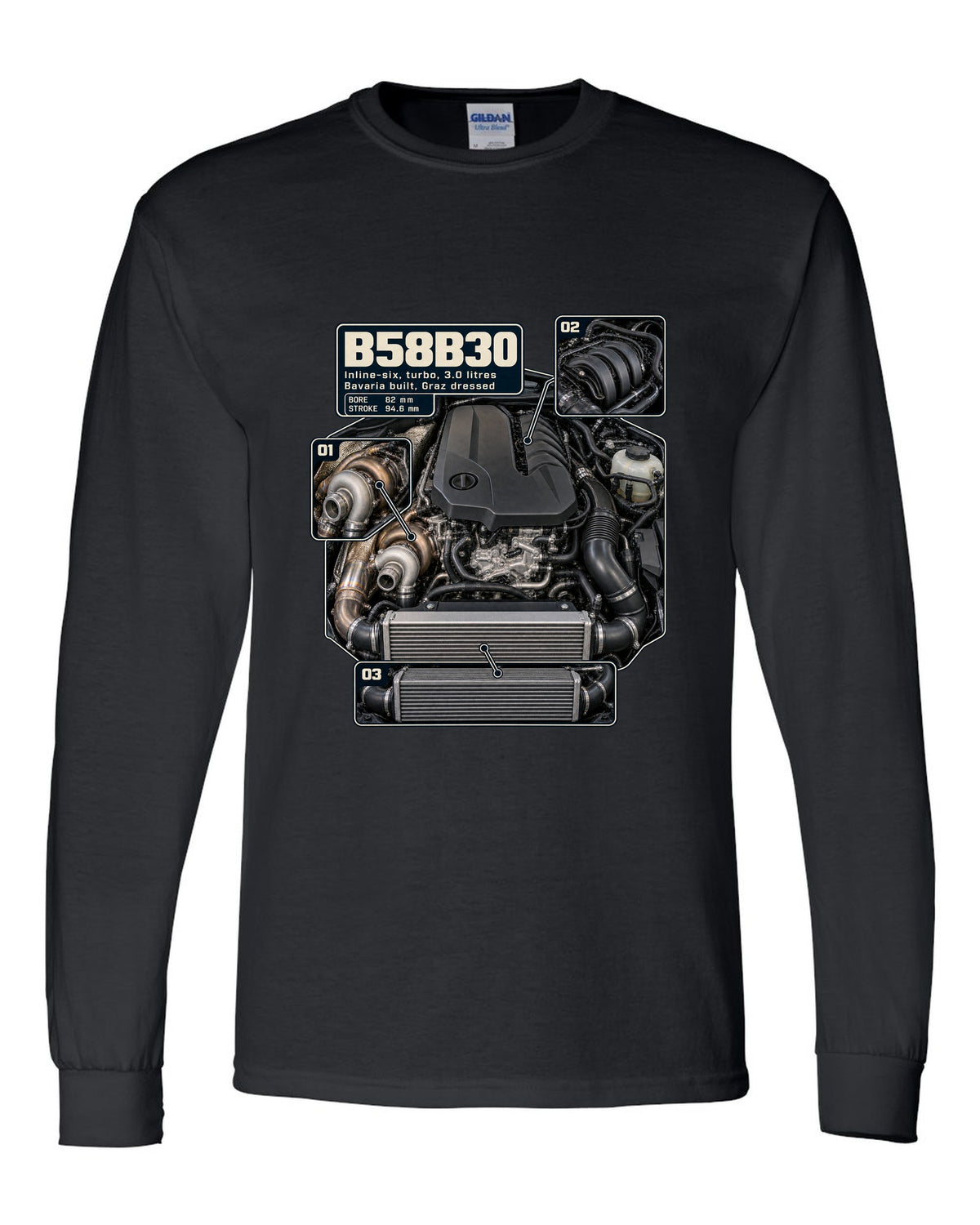 Engine hero print of the BMW B58B30 inline-six from the Z4 M40i black long sleeve front view with the design
