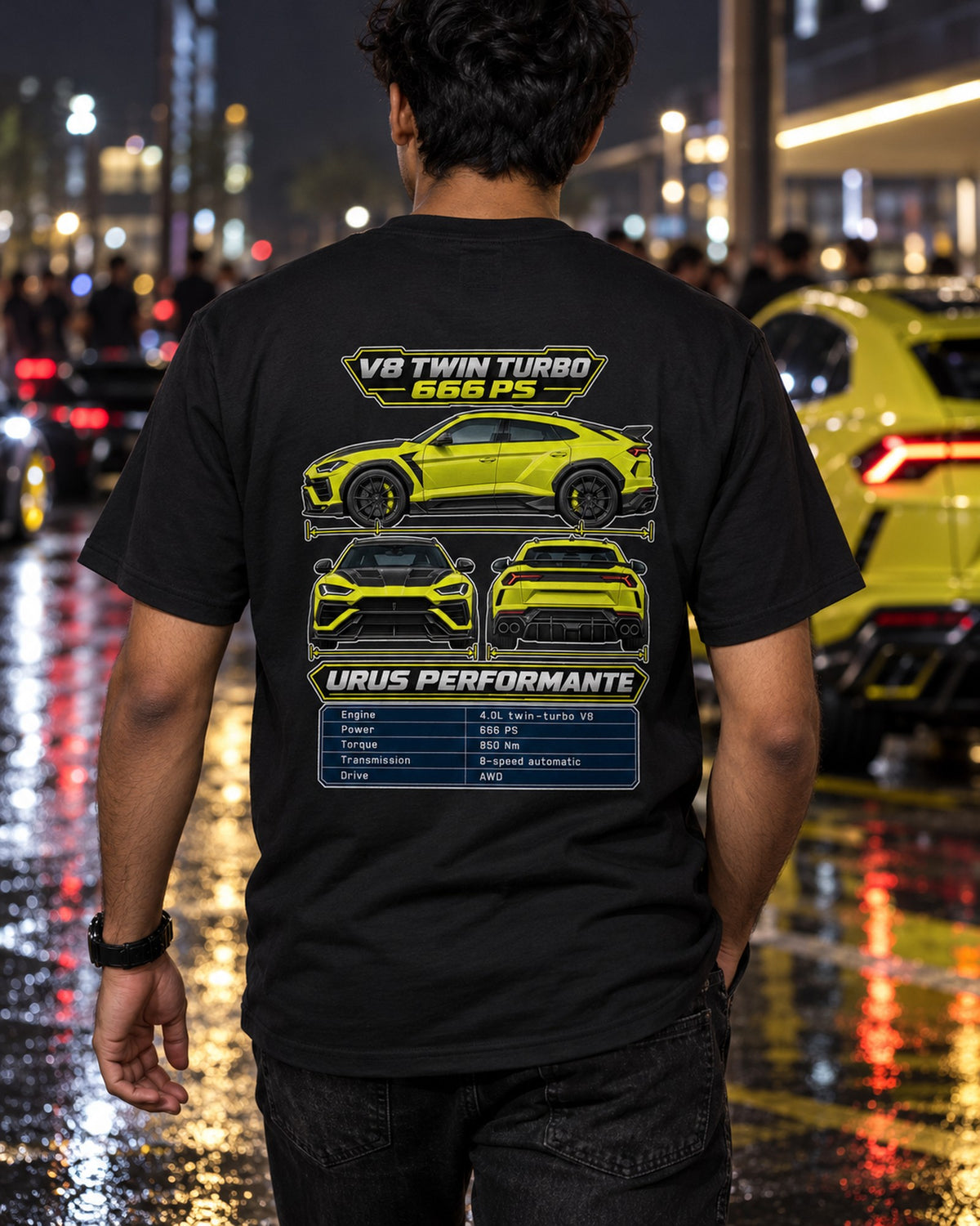 Lamborghini Urus Performante Spec Sheet Full-Back Graphic Tee T-Shirt Black worn hero