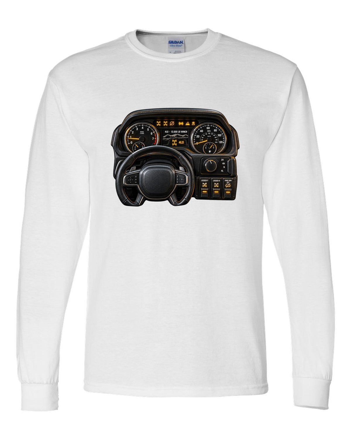 Cockpit gauge print of a Ram 2500 Power Wagon showing locker and sway bar readouts white long sleeve front view with the design