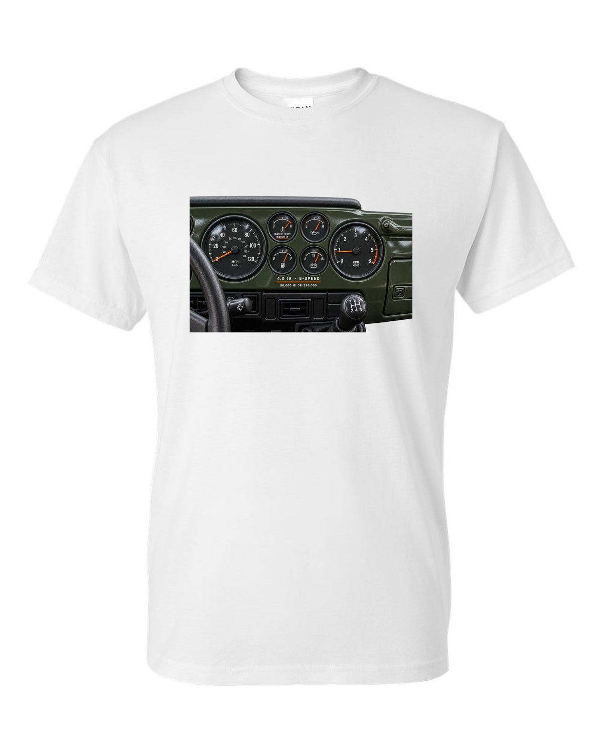 Gauge cluster print for the Jeep Wrangler TJ 4.0 I6, 1997-2006 white t-shirt front view with the design