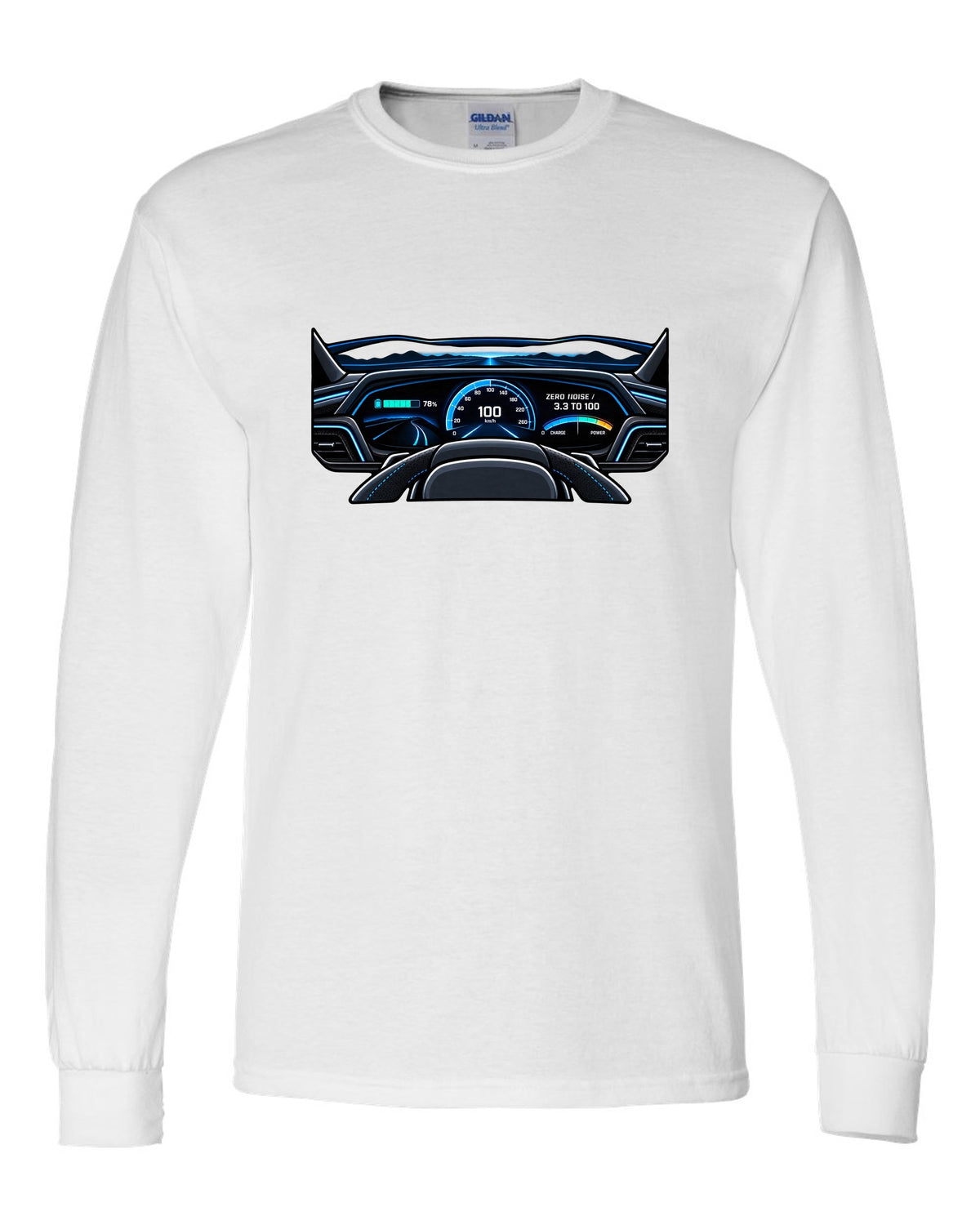 Flat gauge cluster print for the Audi e-tron GT with zero noise lettering white long sleeve front view with the design