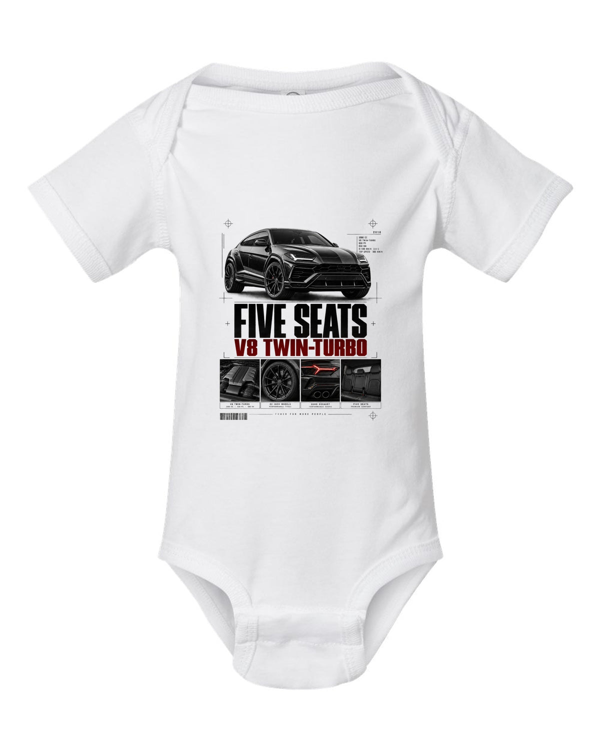Lamborghini Urus 2018 dossier panel print: five seats, V8 twin-turbo white baby onesie front view with the design