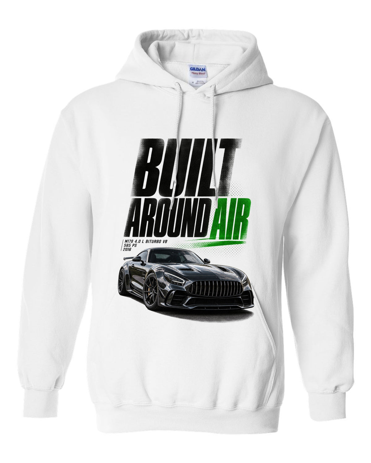 Halftone statement print of a Mercedes-AMG GT R C190 with Built Around Air lettering white pull over hoodie front view with the design