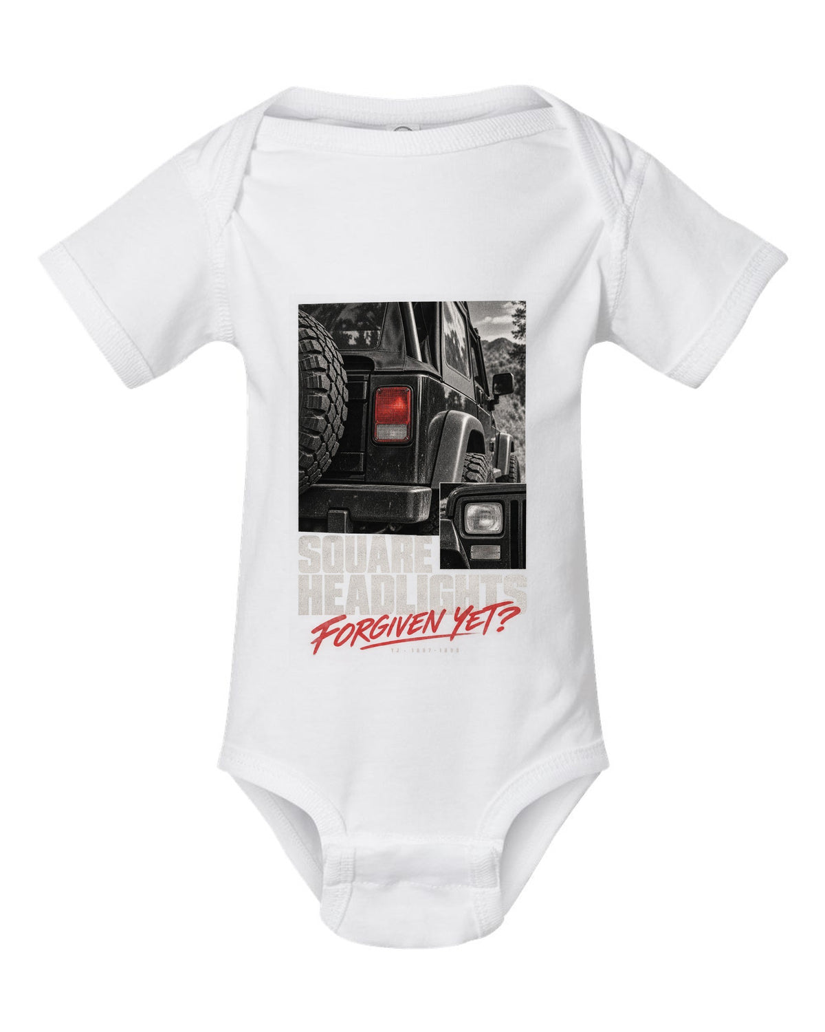 Detail macro print for the Jeep Wrangler YJ square headlights, 1987-1995 white baby onesie front view with the design
