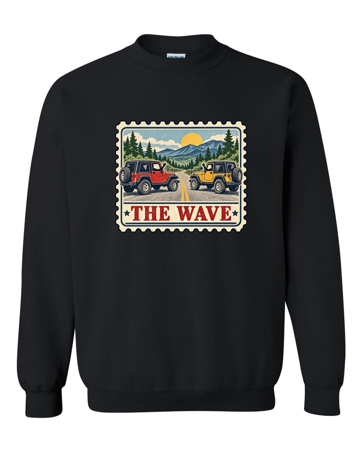 Vintage postage stamp print of a Jeep Wrangler TJ with the words The Wave black crewneck front view with the design