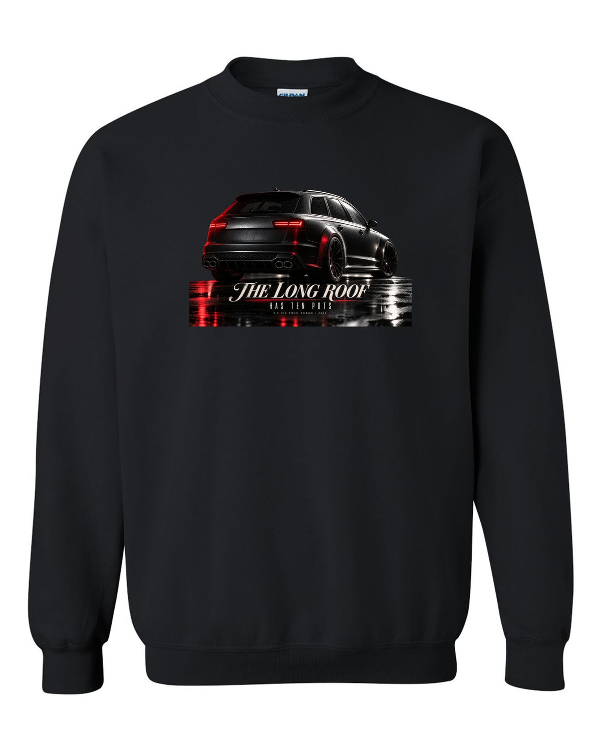 Audi RS6 Avant C6 4F V10 rear three-quarter in a garage with long roof text black crewneck front view with the design