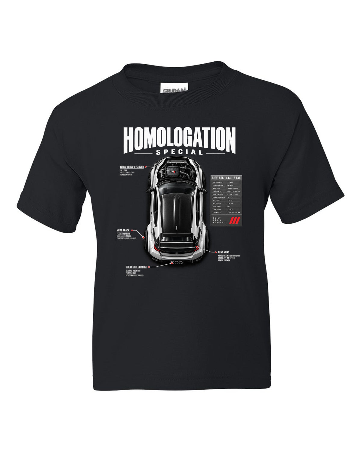 Spec poster style print of a Toyota GR Yaris with G16E-GTS 1.6L 3 cylinder text black kids tee front view with the design