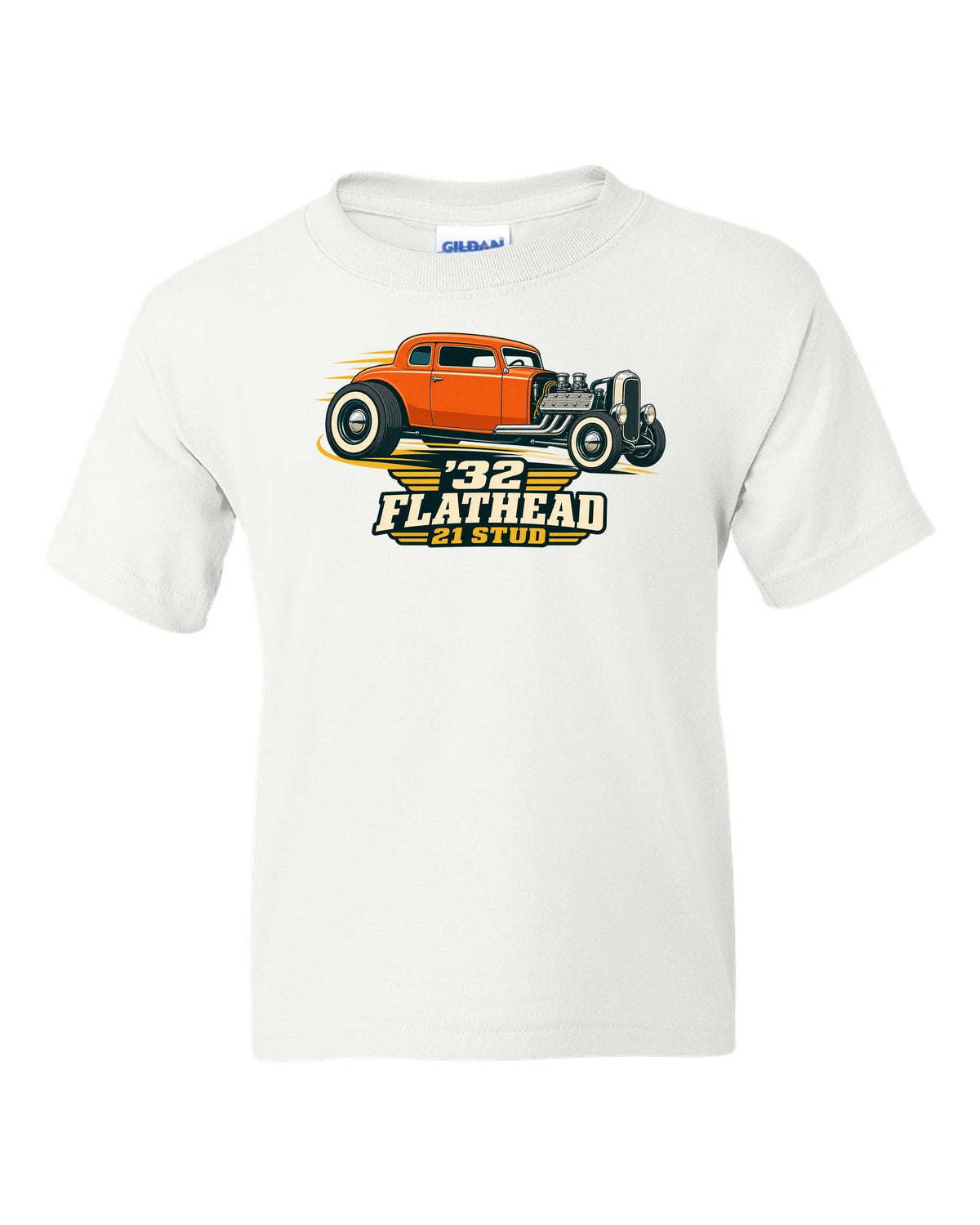 print of a two-tone flat vector 1932 Ford Deuce three-window coupe with flathead lettering white kids tee front view with the design