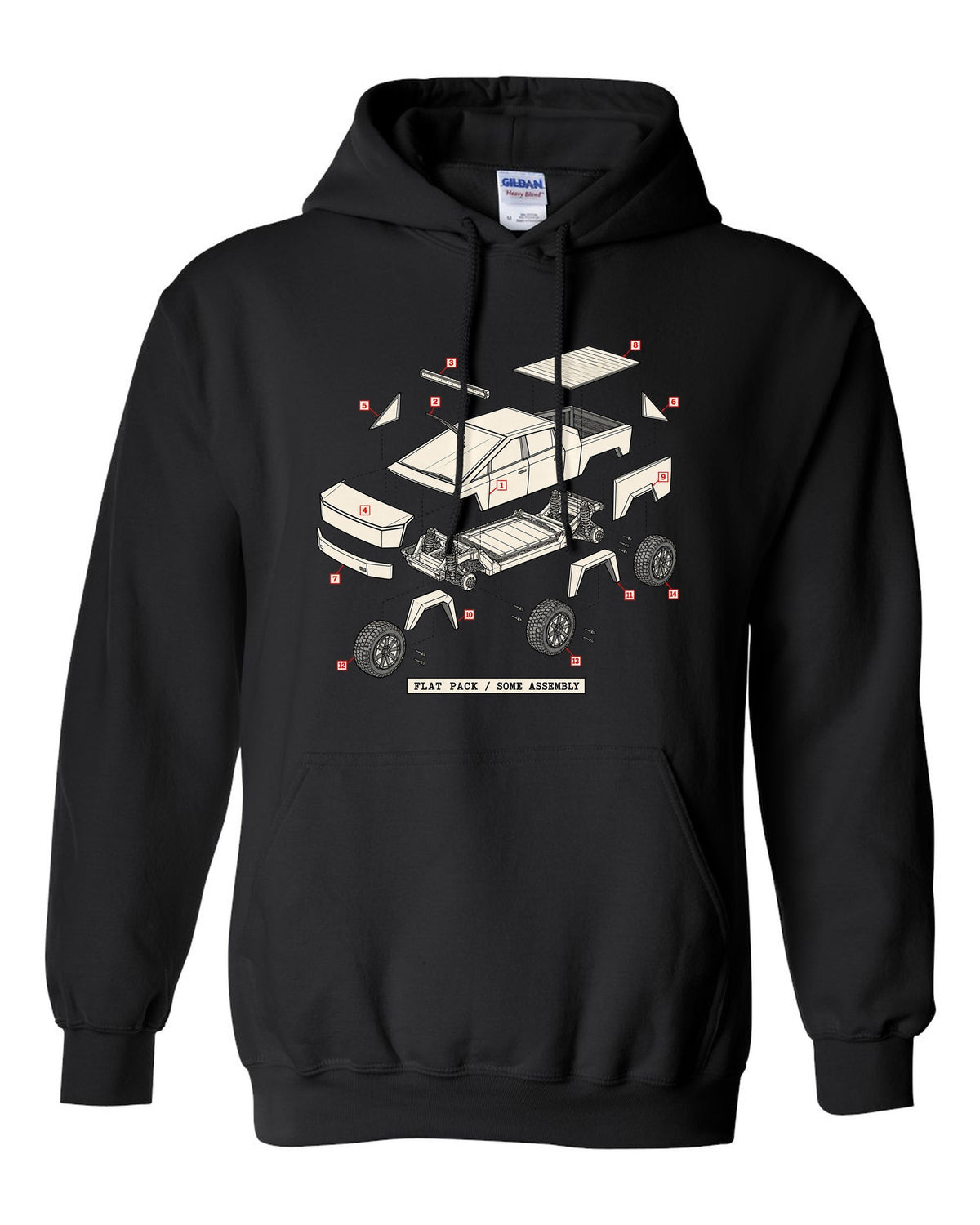 Isometric exploded-view patent drawing of a 2023 Tesla Cybertruck with the words Flat Pack Some Assembly black pull over hoodie front view with the design