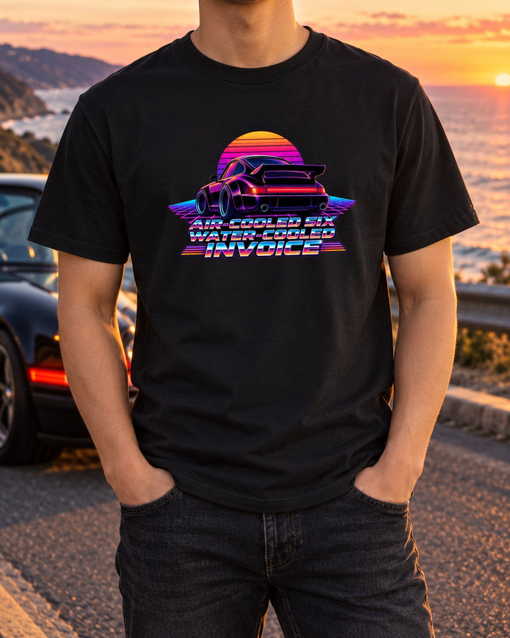 Porsche 911 Turbo 964 Air-Cooled Six Invoice Synthwave Shirt T-Shirt Black worn hero