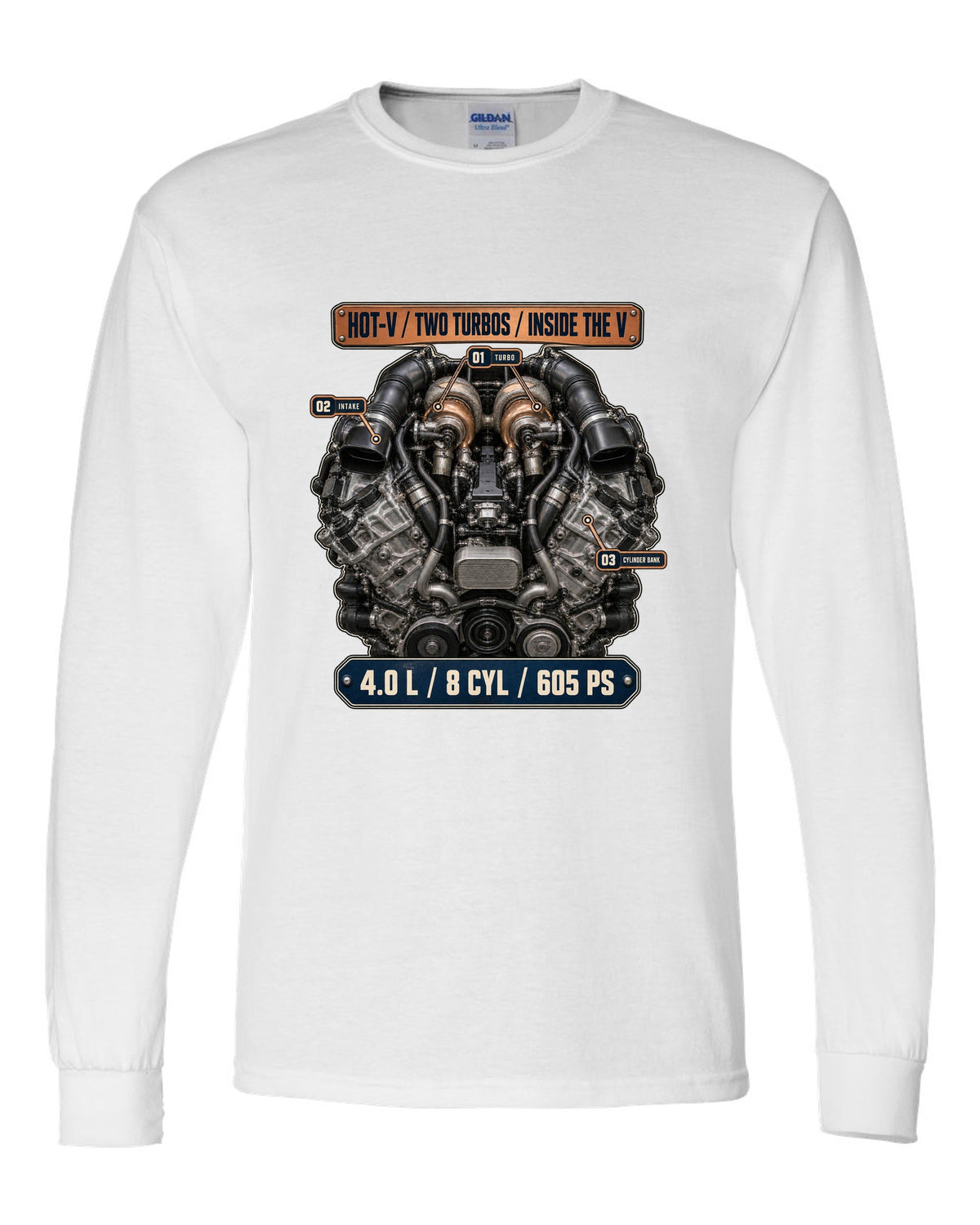 Audi RS7 4.0 TFSI engine bay hero print white long sleeve front view with the design