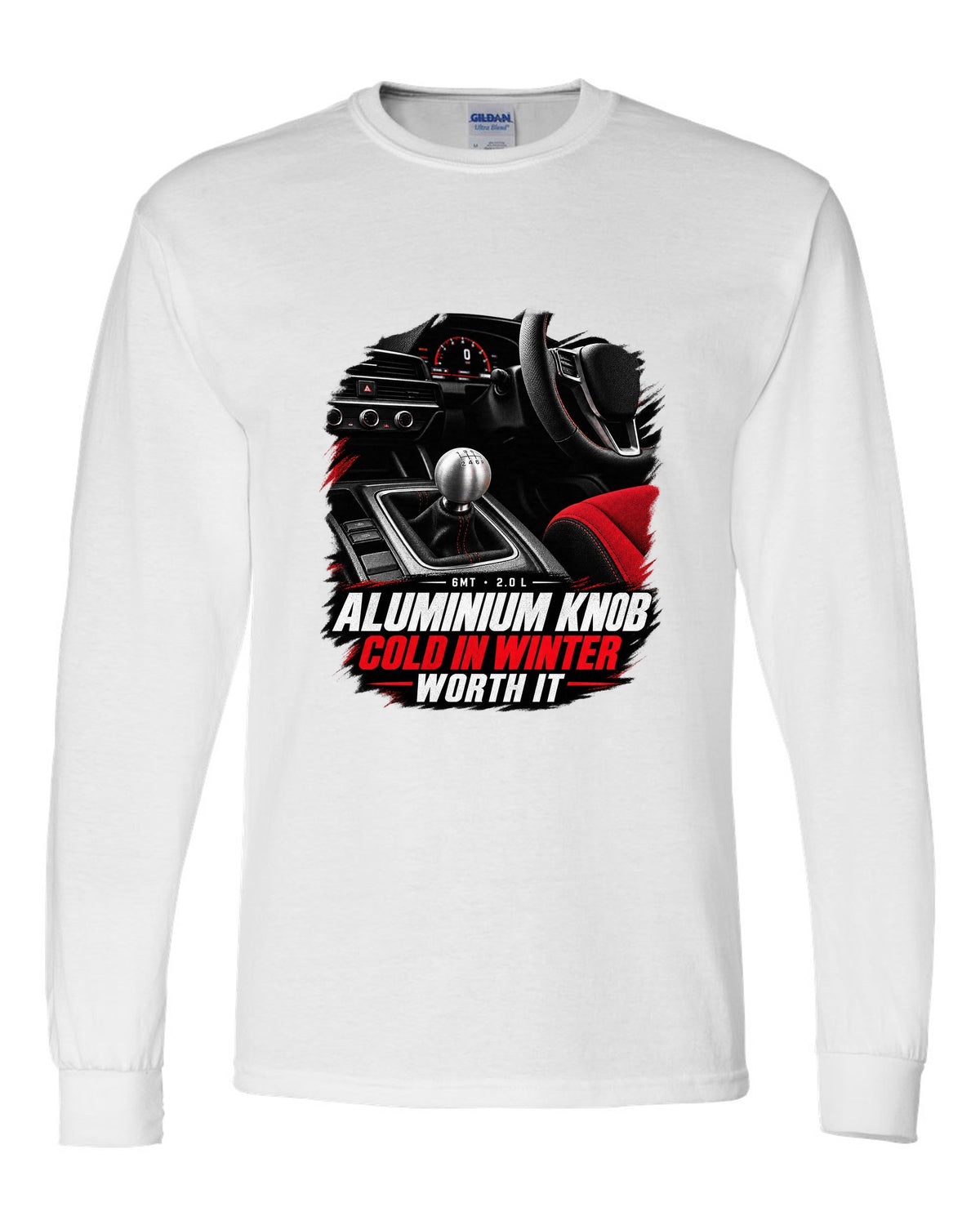 Honda Civic FL5 cockpit gauge design with aluminium shift knob text white long sleeve front view with the design