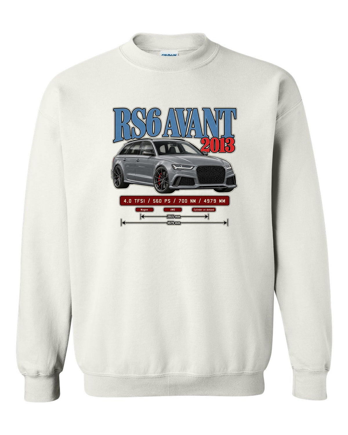 Audi RS6 Avant C7 2013 archive panel print white crewneck front view with the design