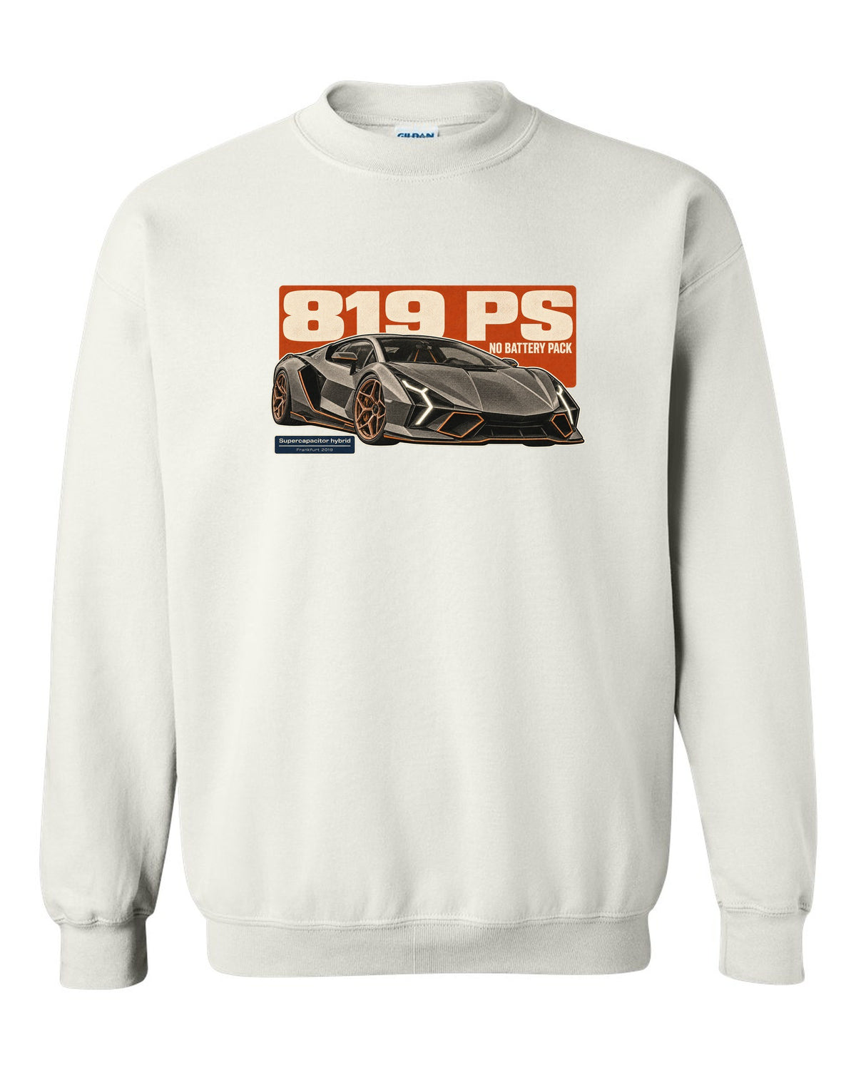 Halftone statement print of the Lamborghini Sian FKP 37 white crewneck front view with the design
