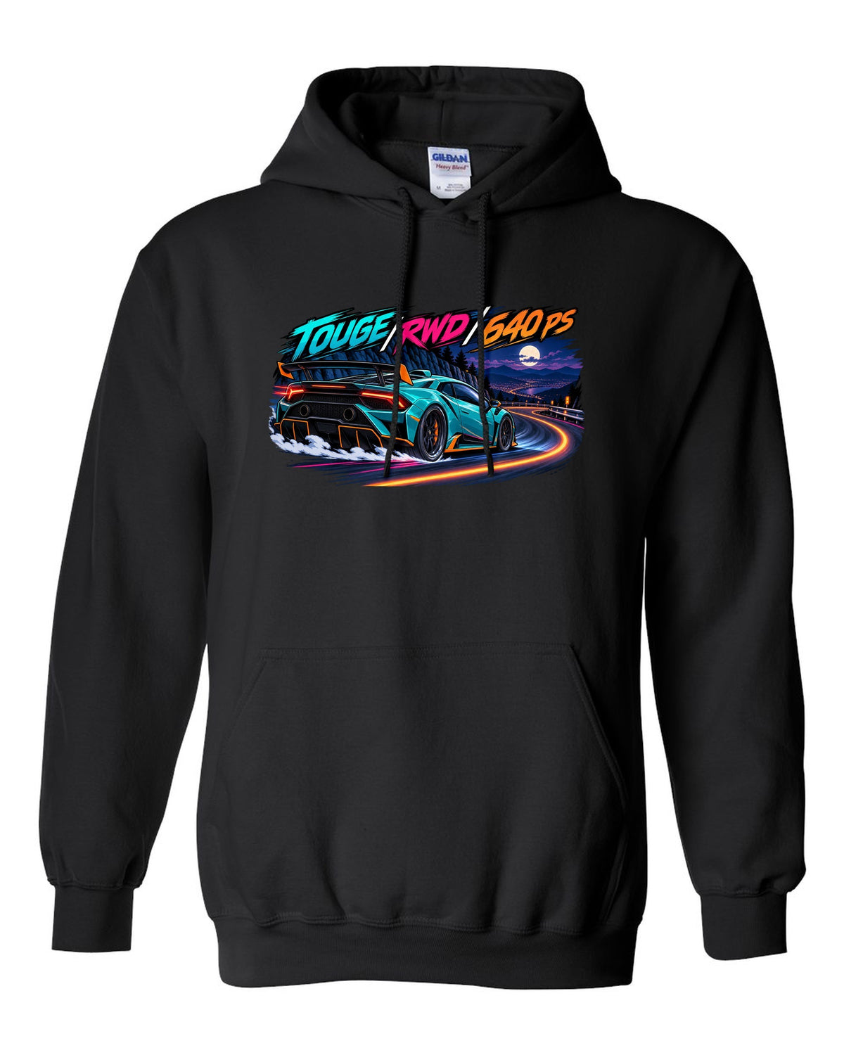 Cel-shaded anime night touge scene with a Lamborghini Huracan STO LP640-2 and text TOUGE / RWD / 640 PS black pull over hoodie front view with the design