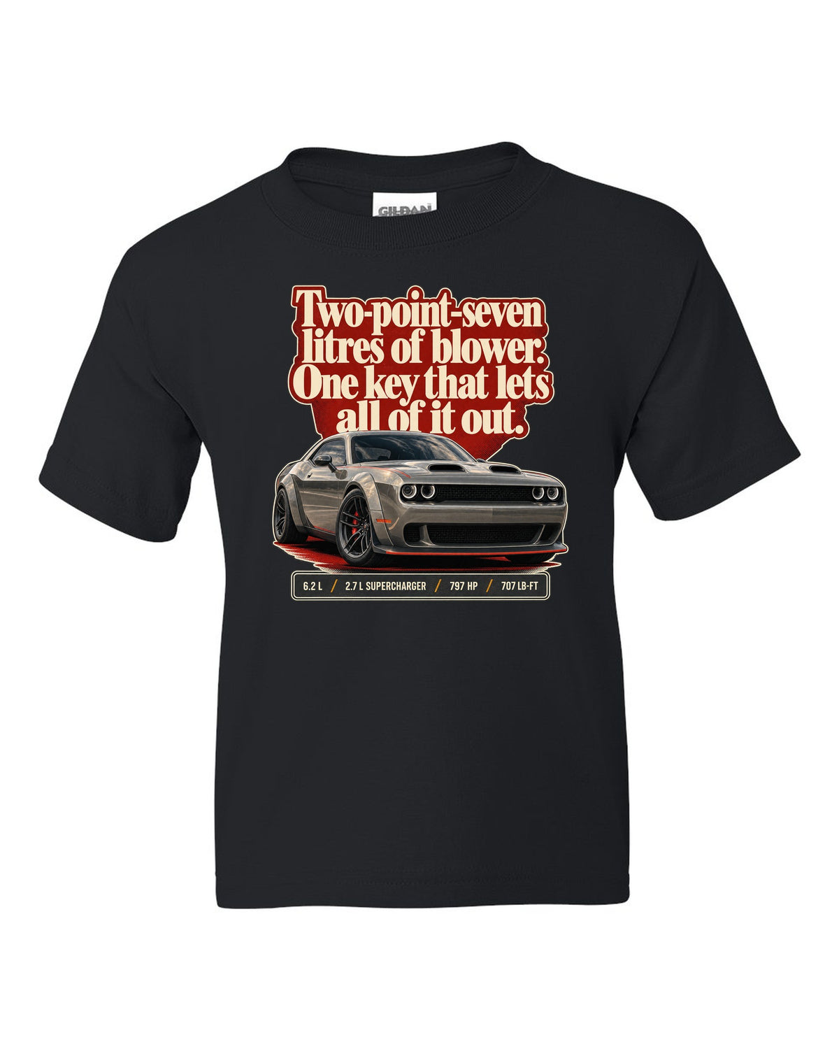 Dodge Challenger SRT Hellcat Redeye Widebody editorial headline print black kids tee front view with the design
