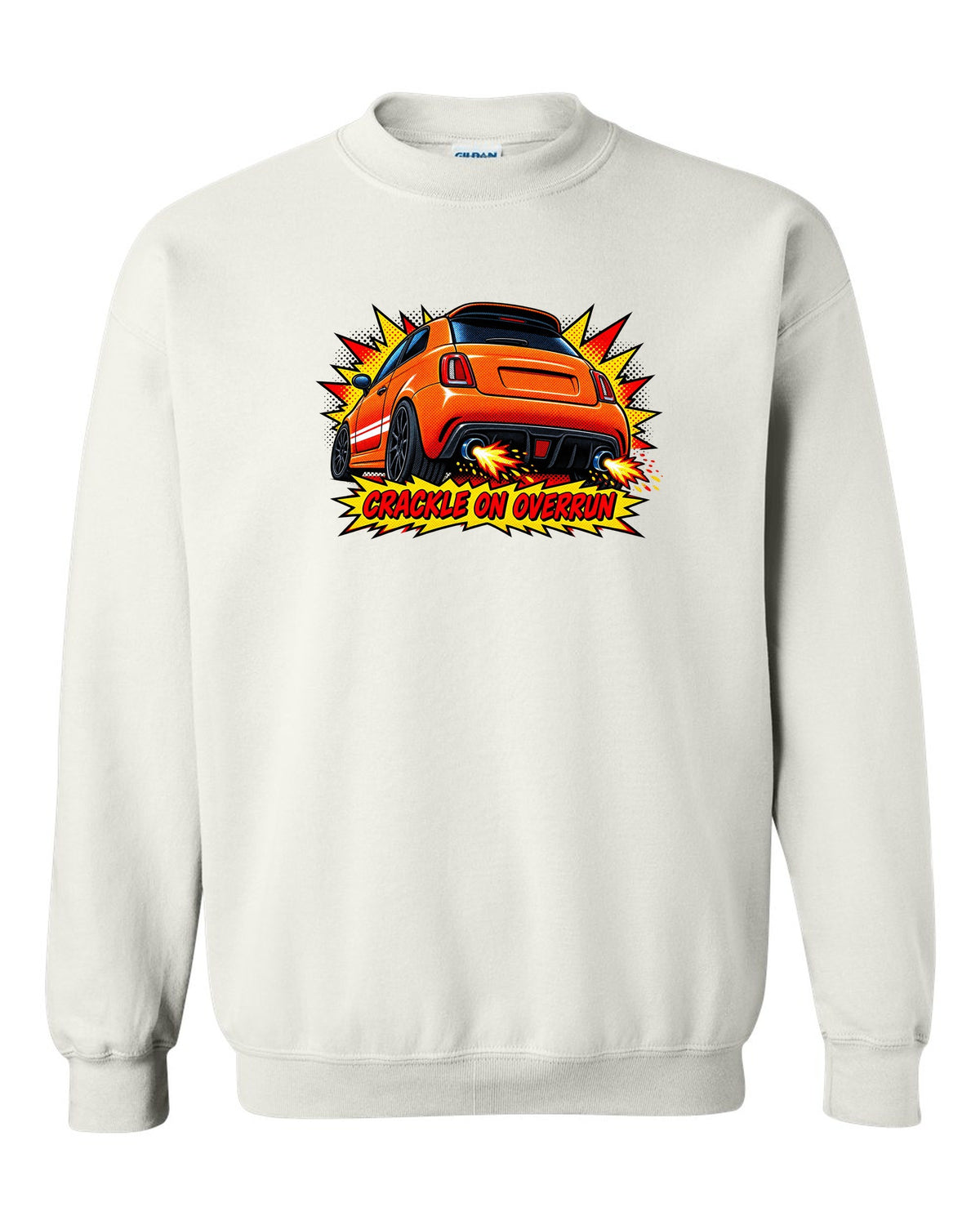 Comic halftone art of a Fiat 500 Abarth with crackle on overrun lettering white crewneck front view with the design