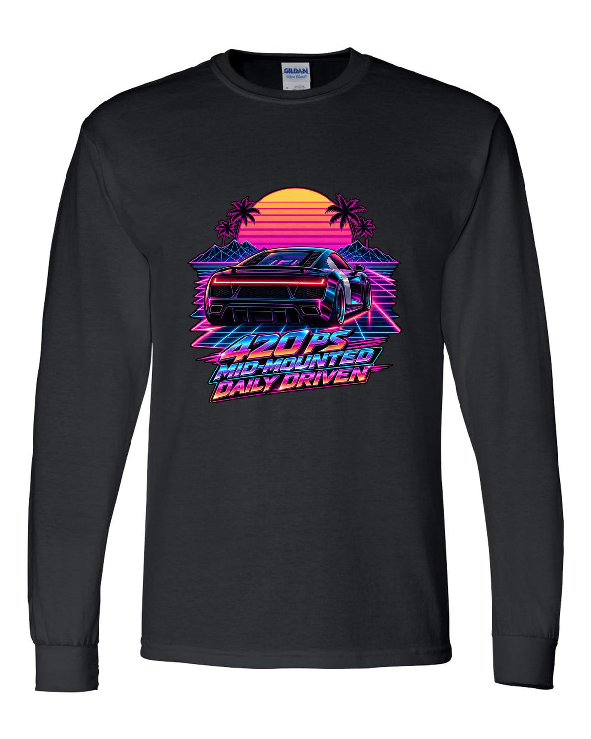 80s synthwave print of an Audi R8 Type 42 rear lights with Daily Driven text black long sleeve front view with the design