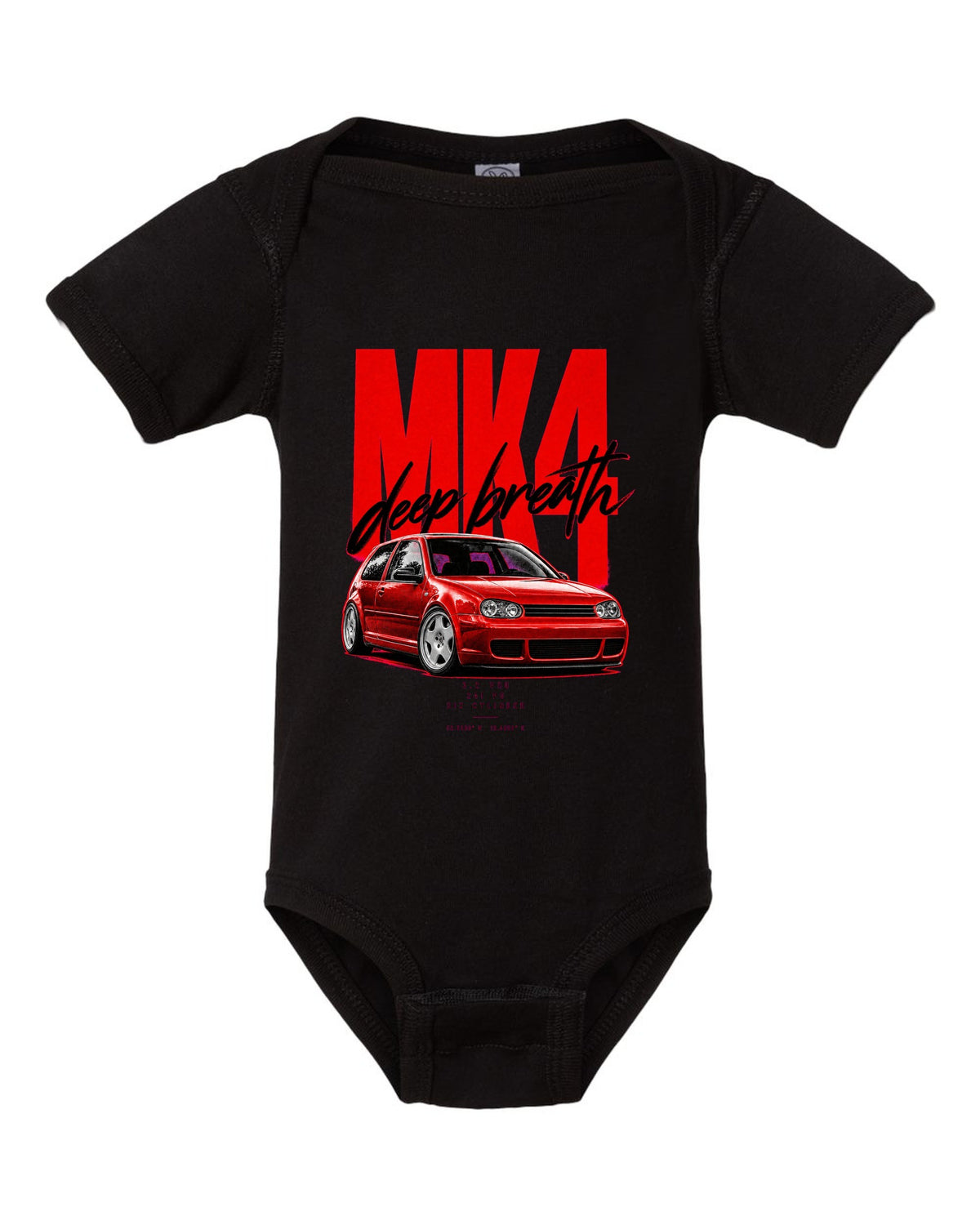 VW Golf R32 Mk4 2002 front three-quarter street poster with 241 PS text black baby onesie front view with the design