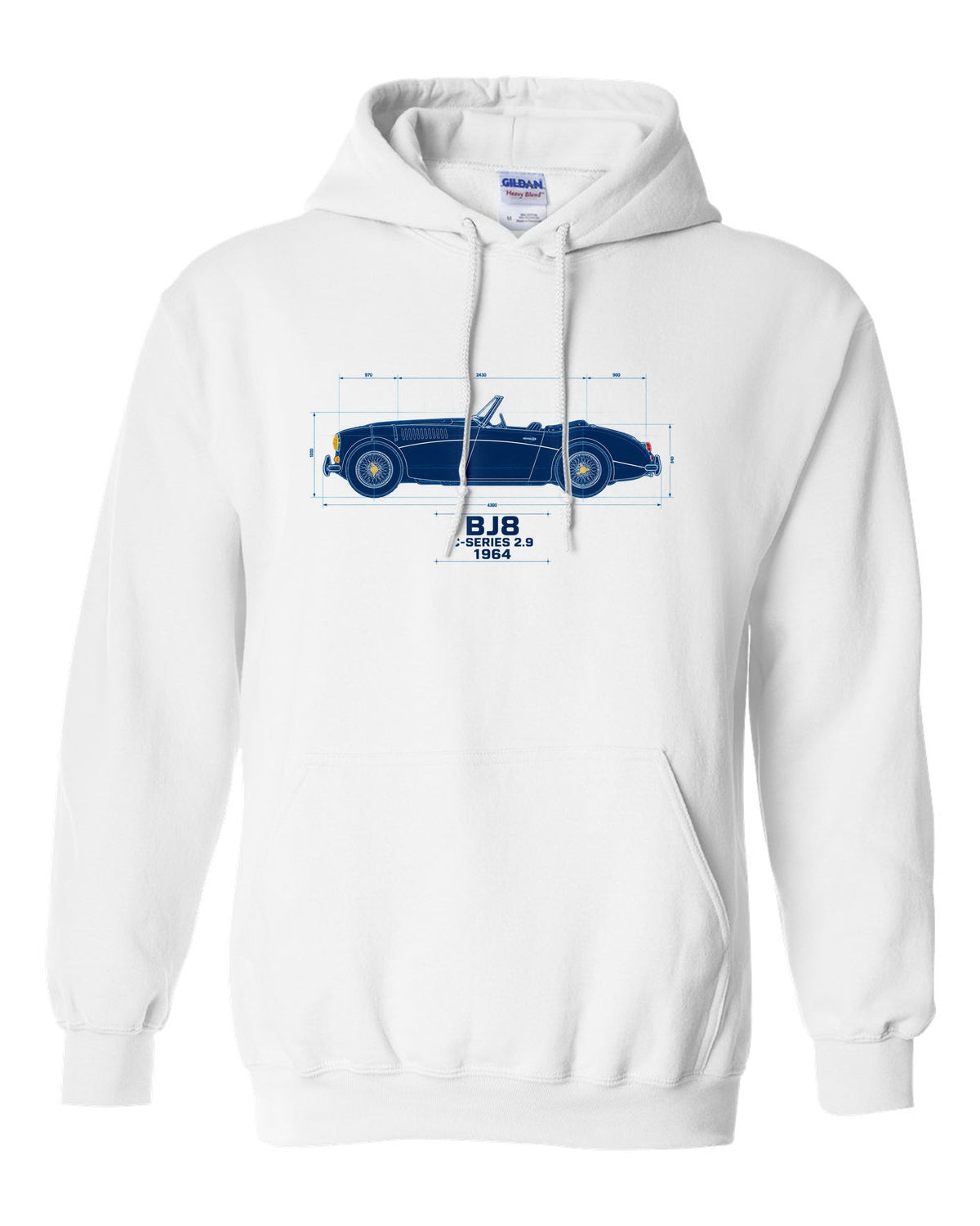 Blueprint line art of a 1964 Austin-Healey 3000 Mk III BJ8 with C-Series 2.9 lettering white pull over hoodie front view with the design