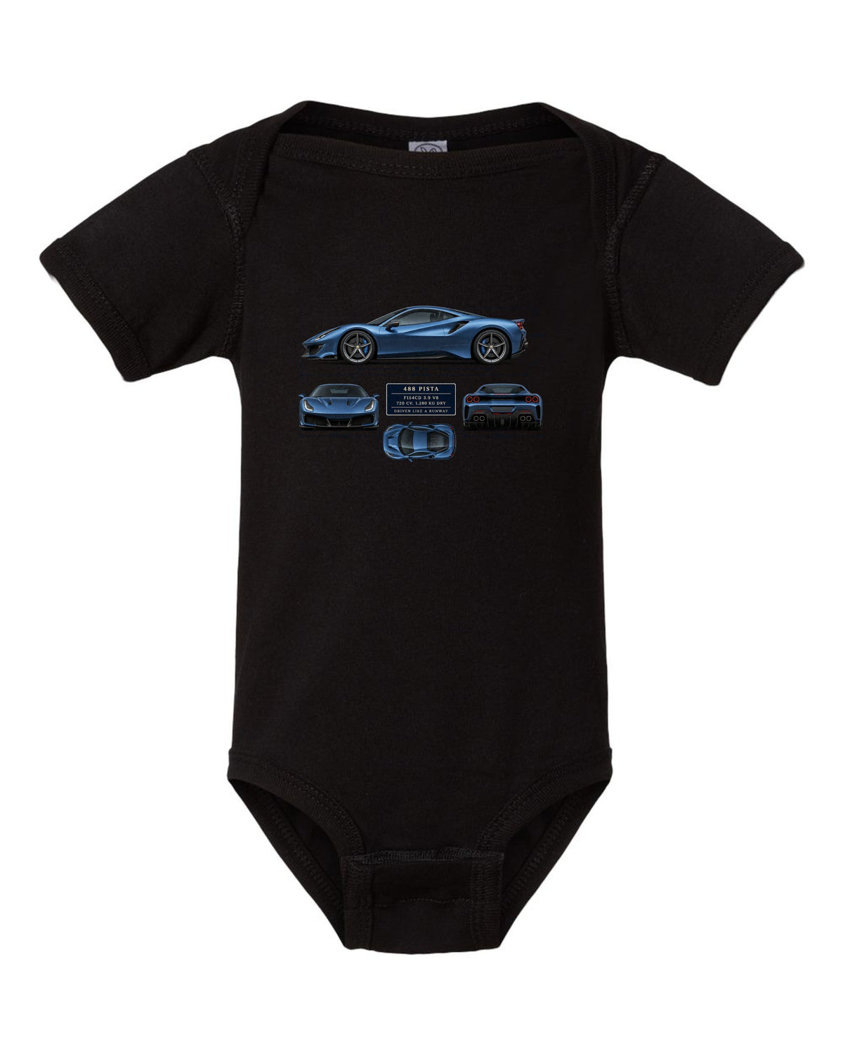 Blueprint print of the Ferrari 488 Pista in steel blue black baby onesie front view with the design