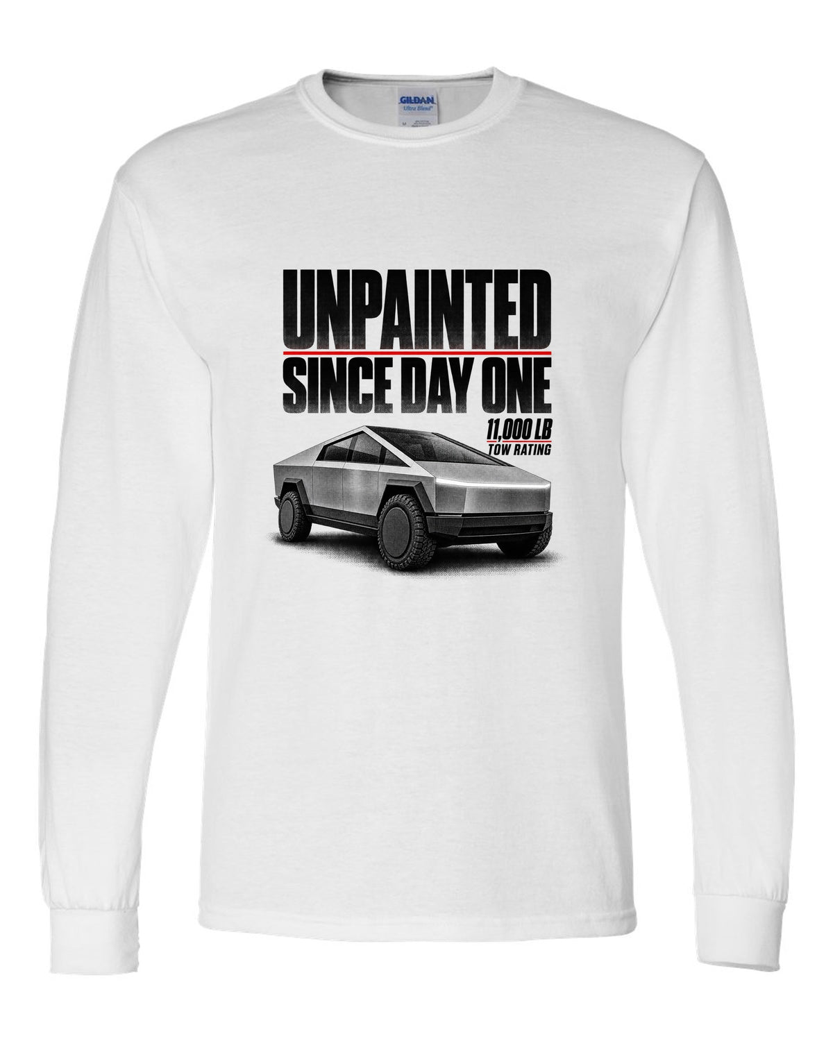Halftone Tesla Cybertruck 2023 with unpainted since day one and 11,000 lb tow rating text white long sleeve front view with the design