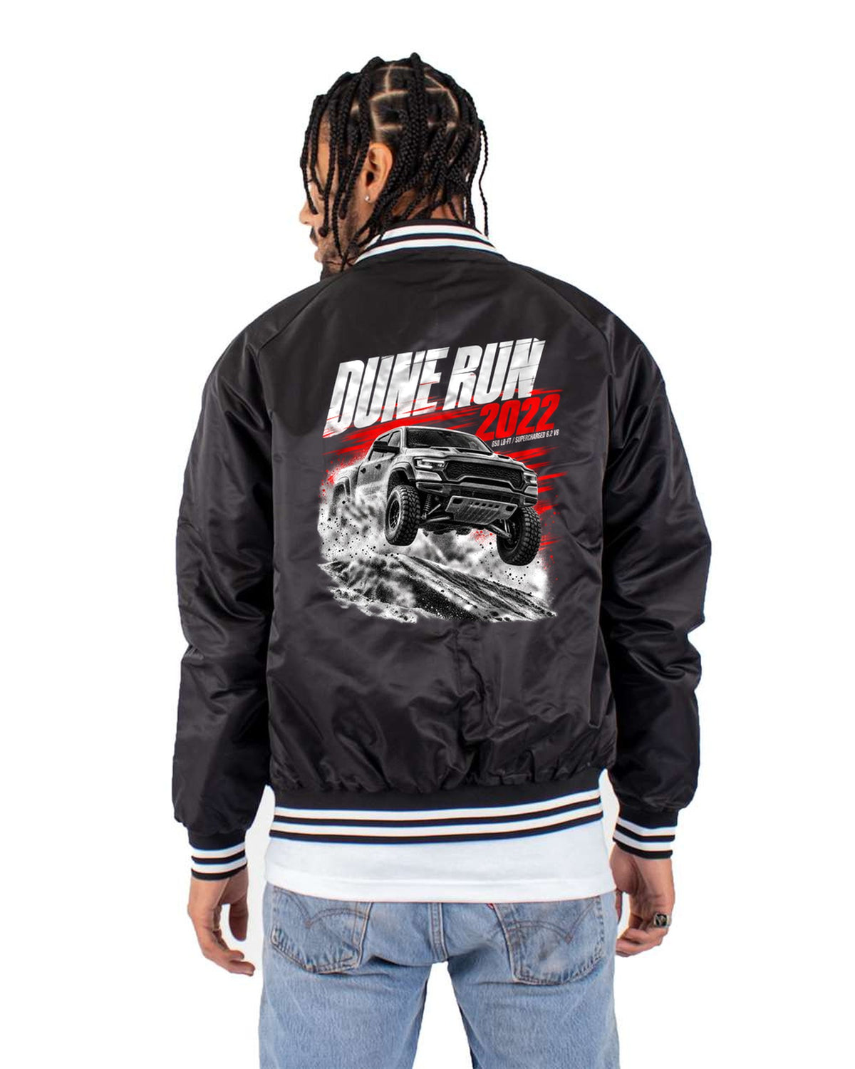 Ram 1500 TRX 2022 Dune Run Race Poster Tee, 650 Lb-Ft Bomber Jacket Black back