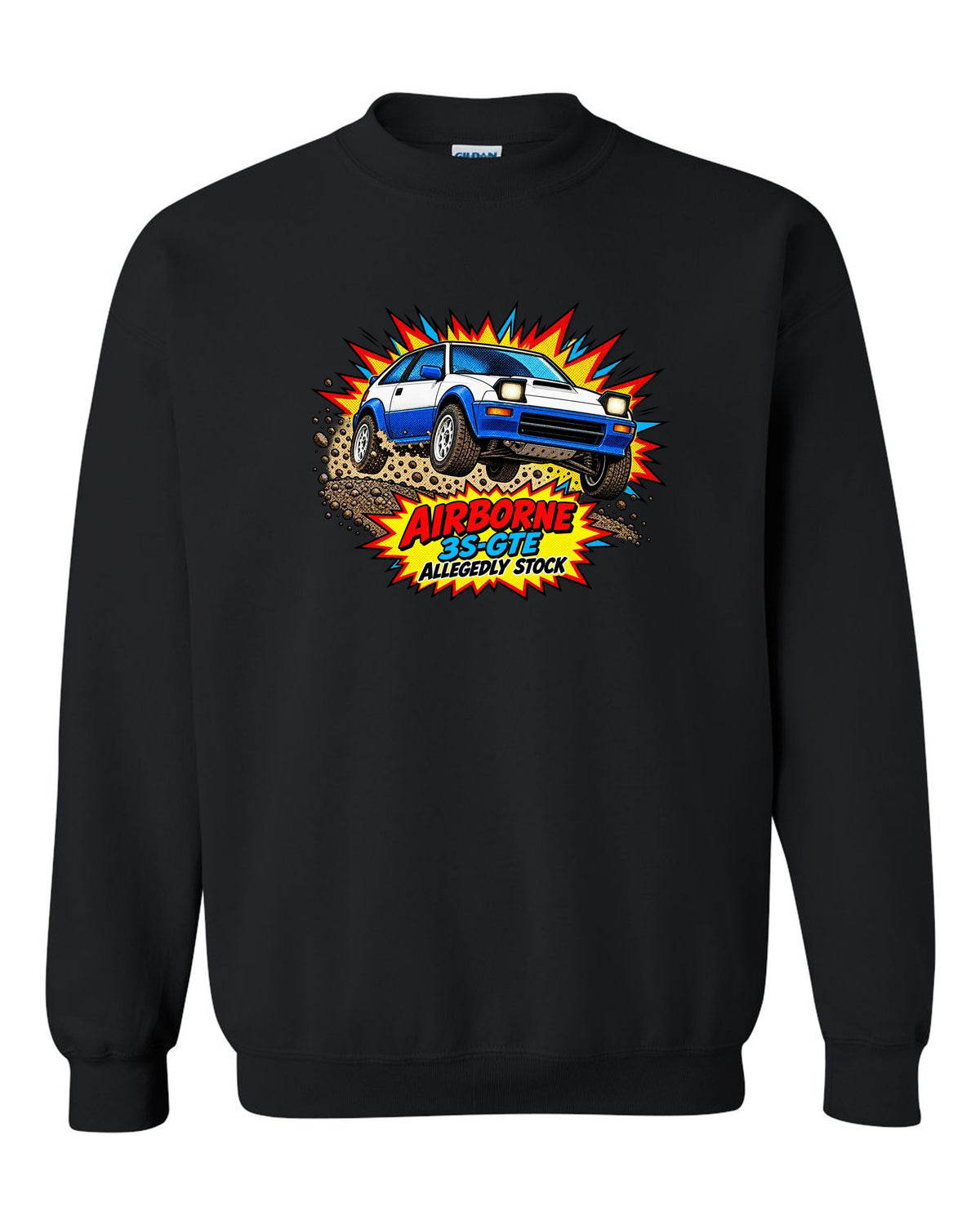 Comic halftone pop art of a Toyota Celica GT-Four ST165 jumping on gravel black crewneck front view with the design